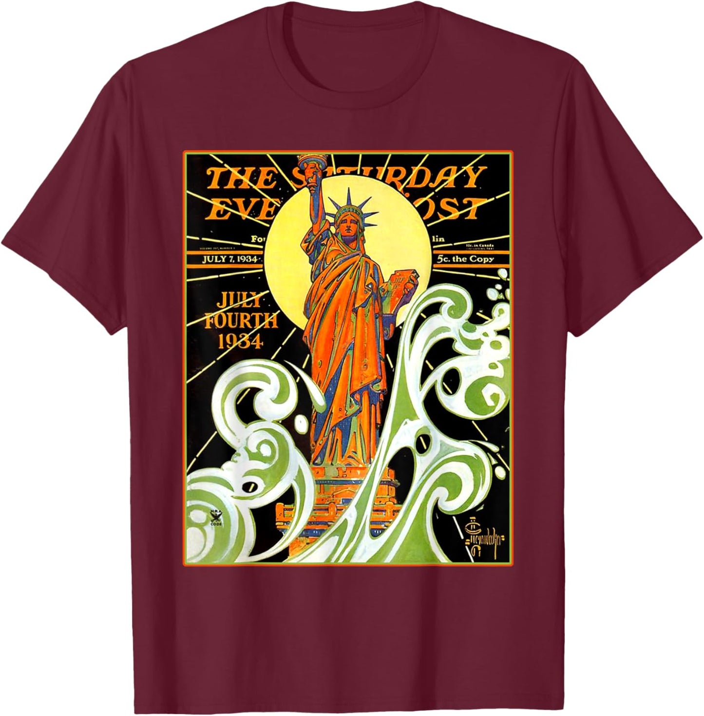 Lady Liberty Statue Of Liberty Waves NYC New York Vintage T-Shirt - T-Shirt | Maroon