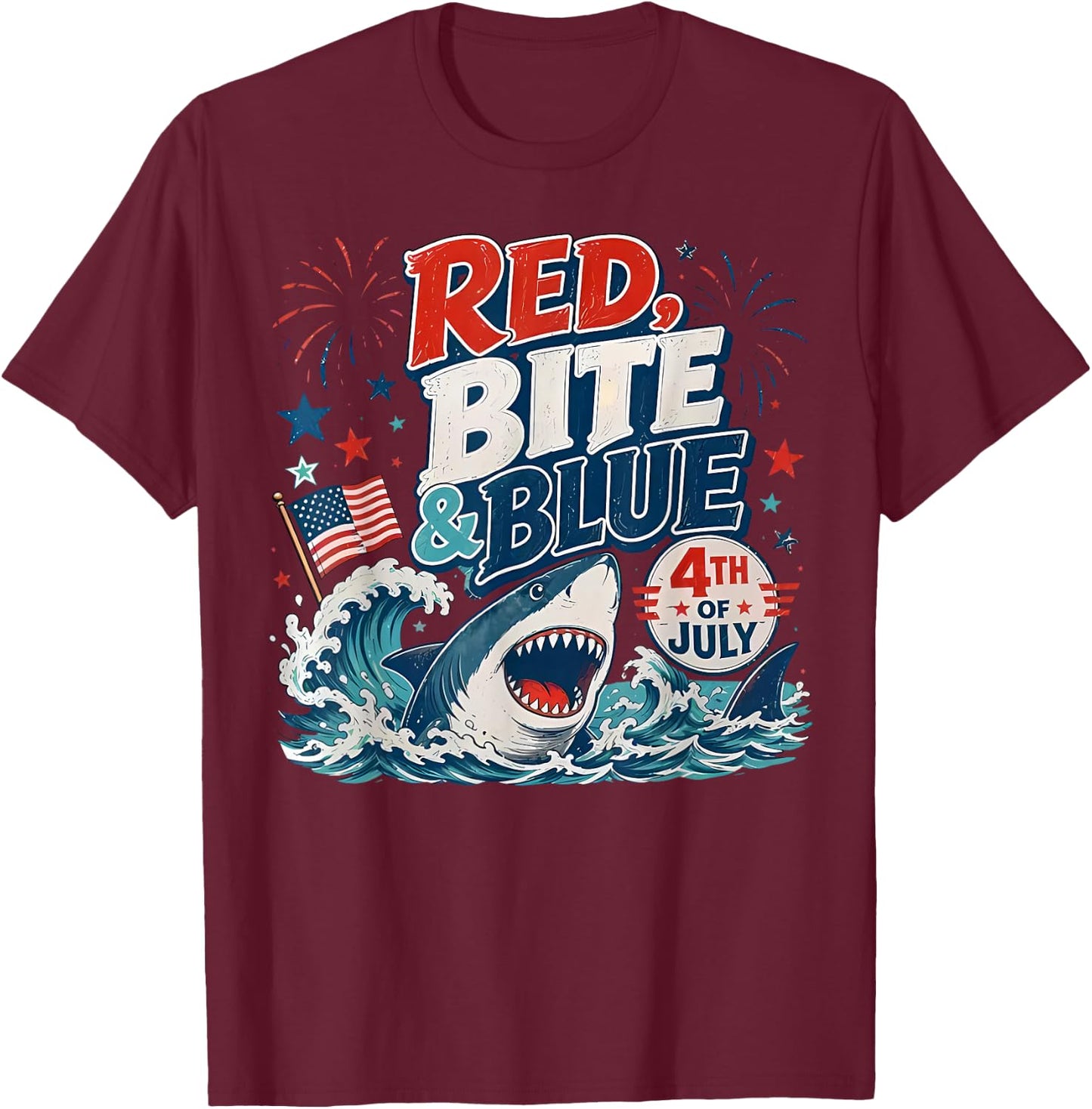 Red Bite & Blue Shark Funny 4th of July Patriotic Summer T-Shirt - T-Shirt | Maroon