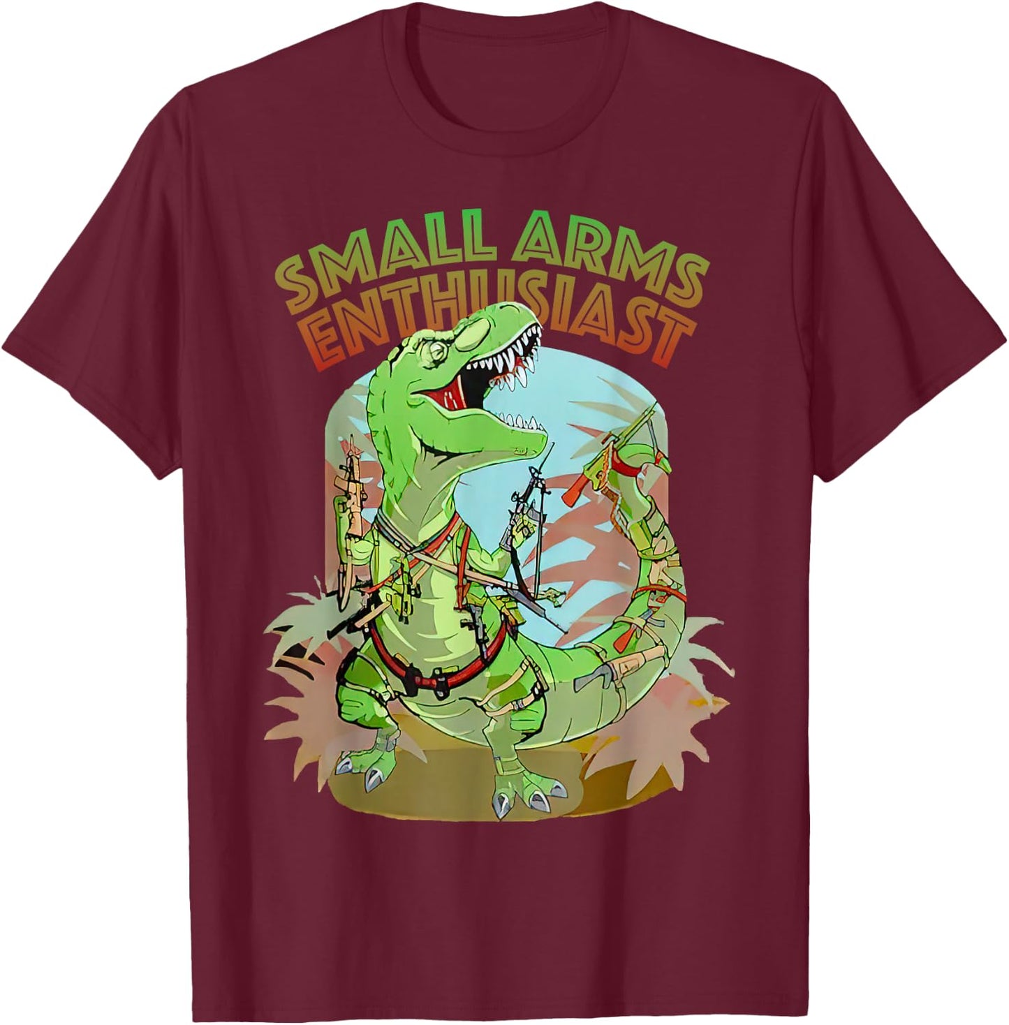 Small Arms Enthusiast Funny T-rex Dinosaur Gun T-Shirt - T-Shirt | Maroon