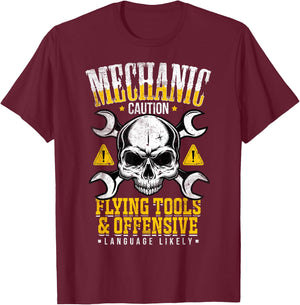 Mechanic Caution Flying Tools Car Mechanics Auto Mechanics T-Shirt - T-Shirt | Maroon
