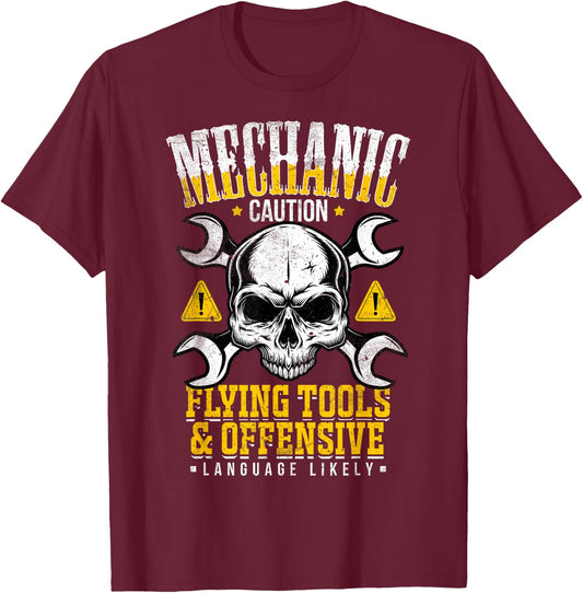 Mechanic Caution Flying Tools Car Mechanics Auto Mechanics T-Shirt - T-Shirt | Maroon