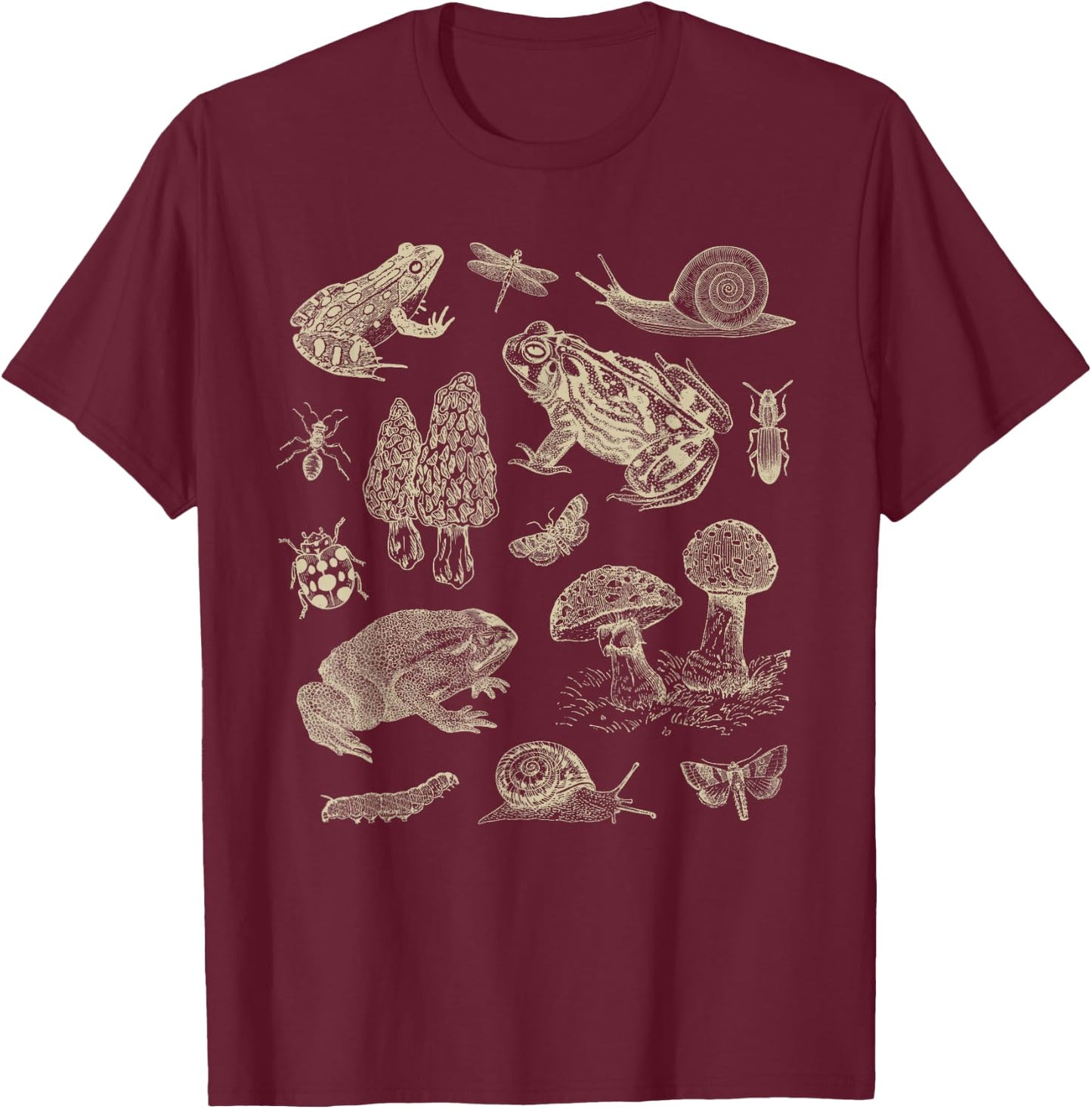 Frog Mushroom 90s Vintage Dark Academia Aesthetic Biology T-Shirt - T-Shirt | Maroon