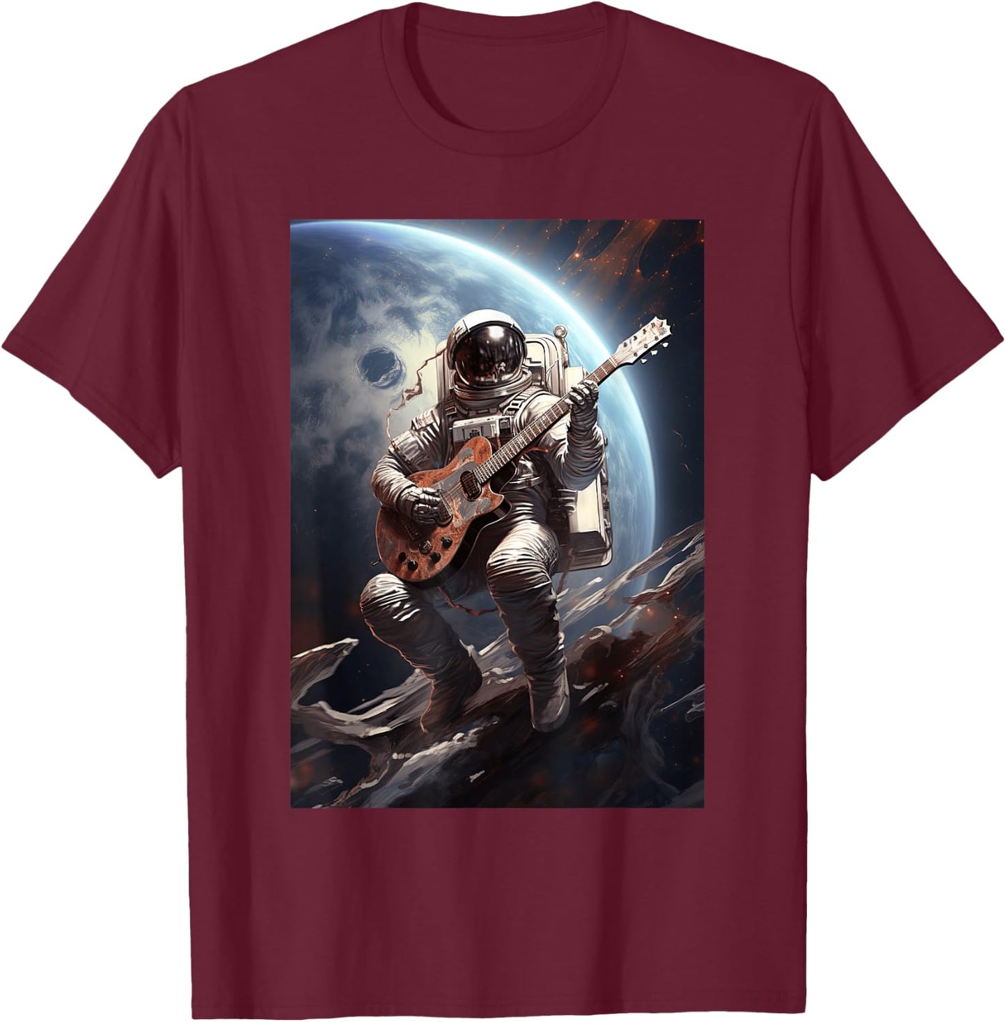 Astronaut Playing Guitar With A Space With Spaceship T-Shirt - T-Shirt | Maroon