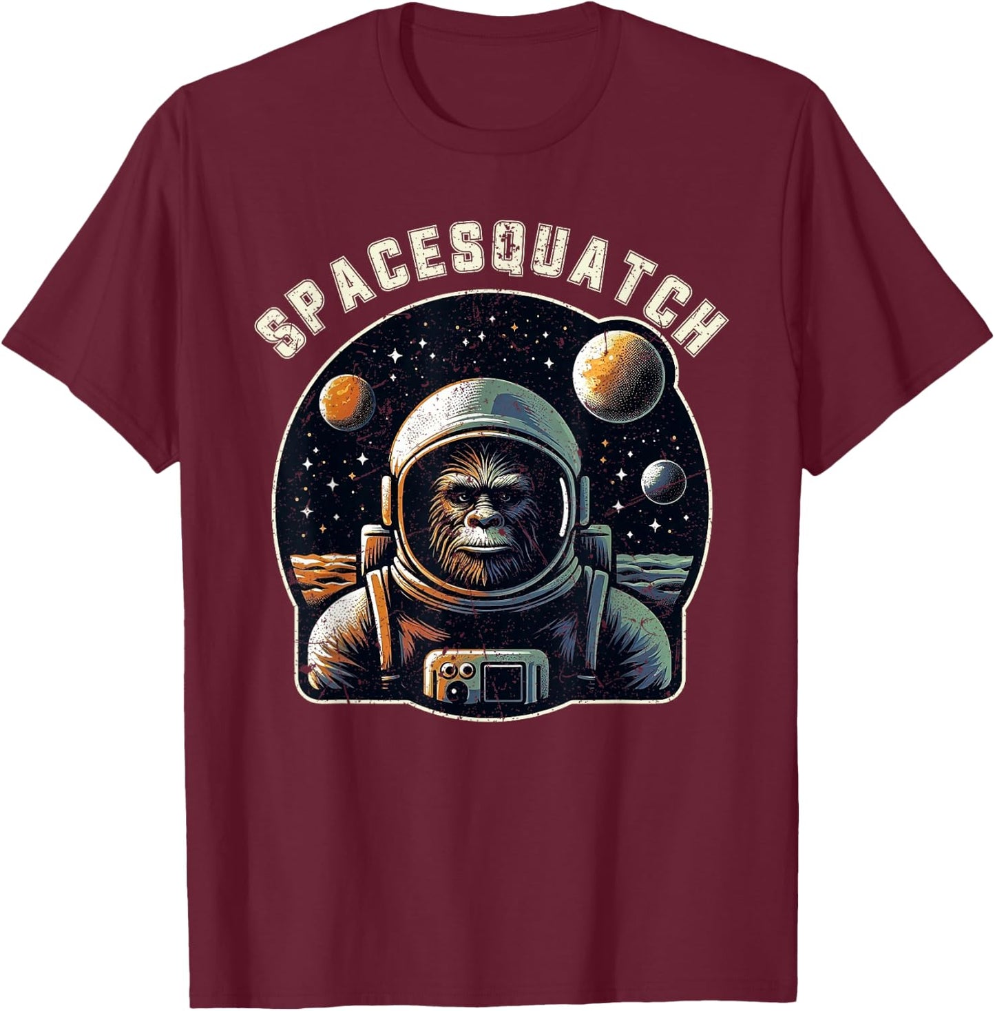 Spacesquatch Retro Bigfoot Astronaut in Space Cosmic T-Shirt - T-Shirt | Maroon