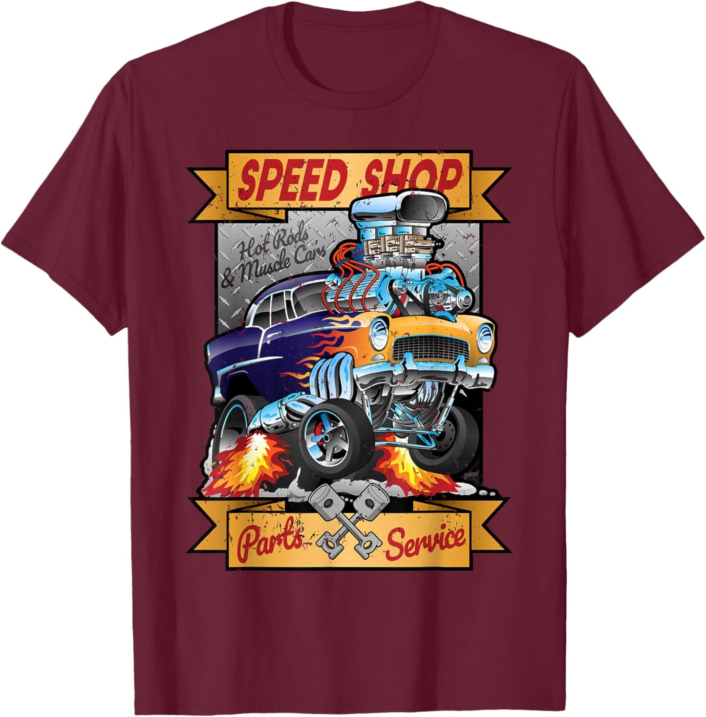 Retro Speed Shop Hotrod Classic Muscle Car Cartoon Graphic T-Shirt - T-Shirt | Maroon