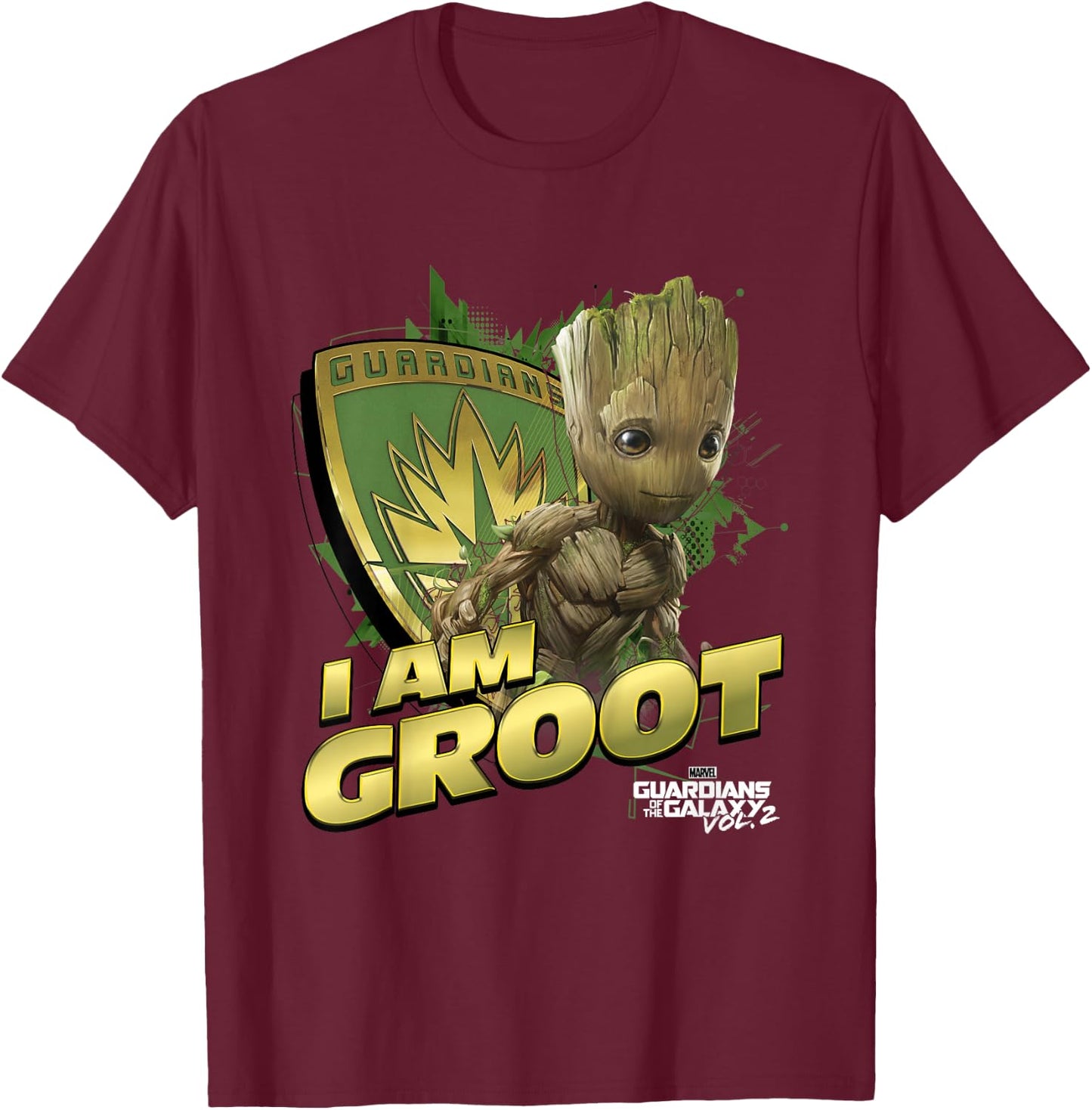 Kids Marvel Guardians Vol.2 I AM Groot Shield Splash Kids T-Shirt - T-Shirt | Maroon