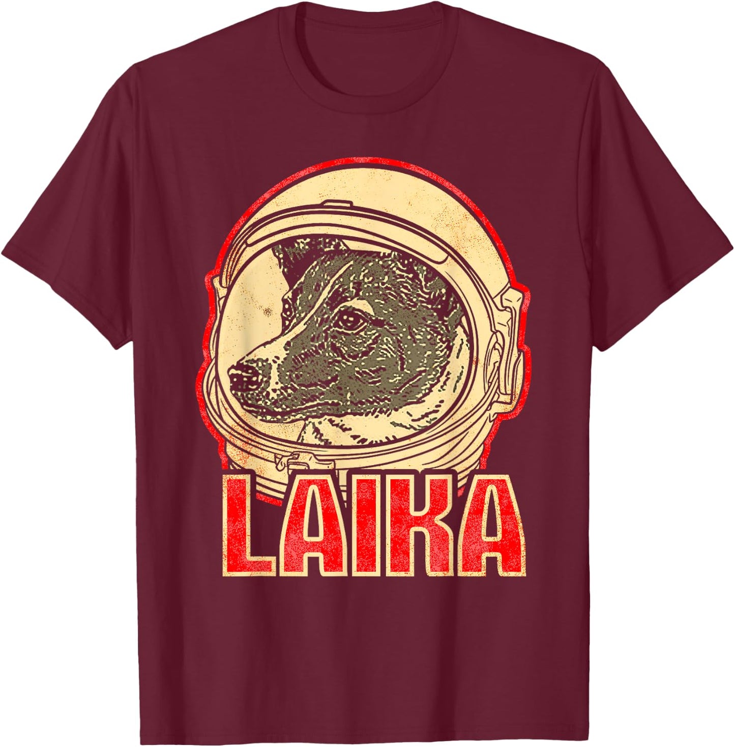 Laika Dog Animal Space Astronaut Soviet Union Cyrillic T-Shirt - T-Shirt | Maroon