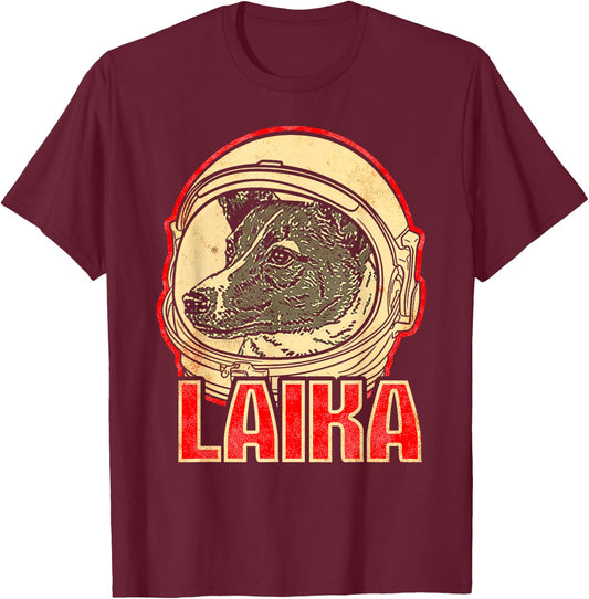 Laika Dog Animal Space Astronaut Soviet Union Cyrillic T-Shirt - T-Shirt | Maroon