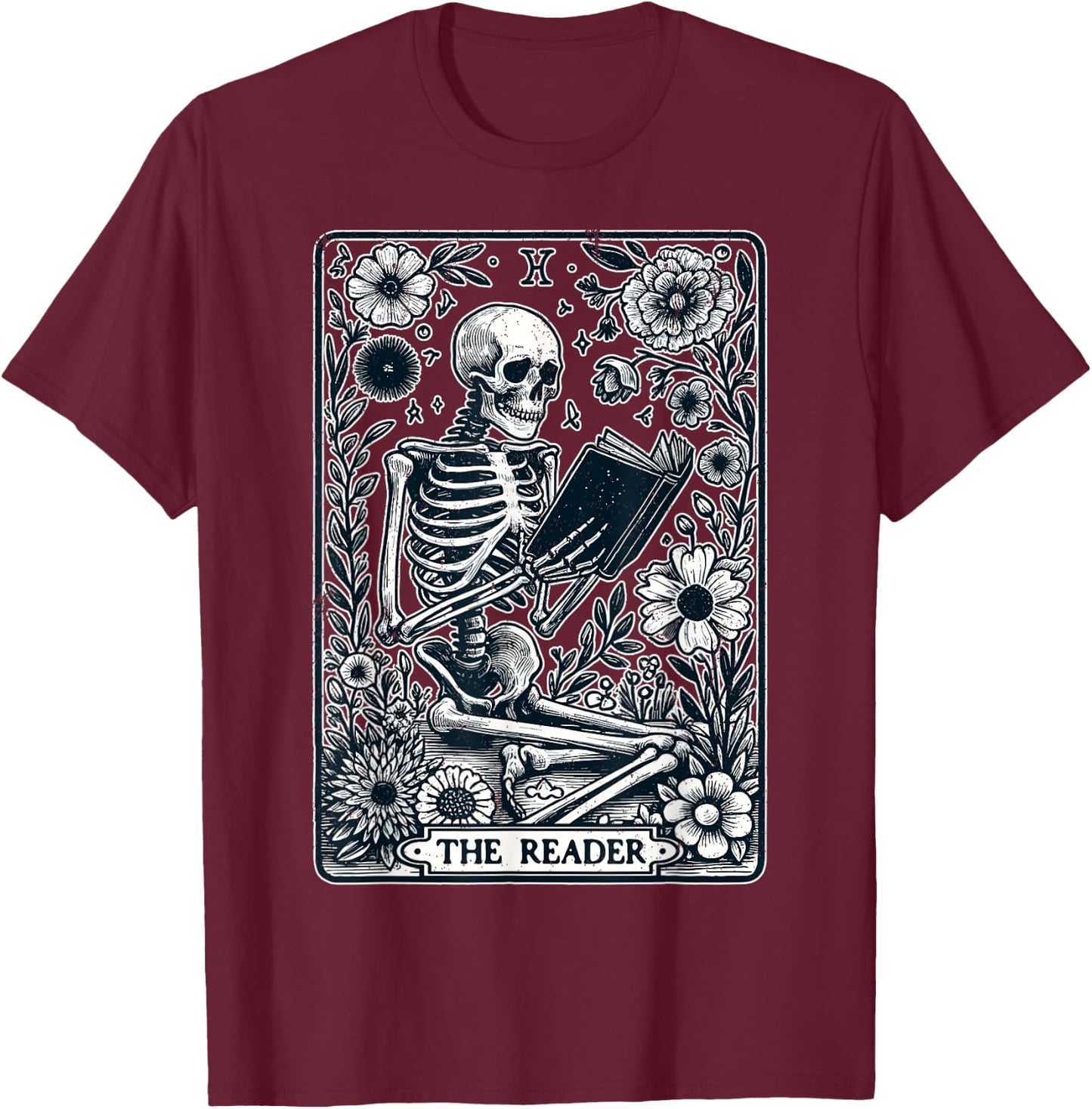The Reader Tarot Card Skeleton Reading Book Funny Books T-Shirt - T-Shirt | Maroon