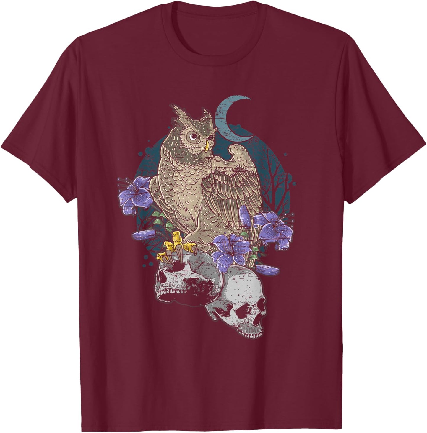 Owl on Skulls with Purple Flowers & Moon Distressed Design T-Shirt - T-Shirt | Maroon