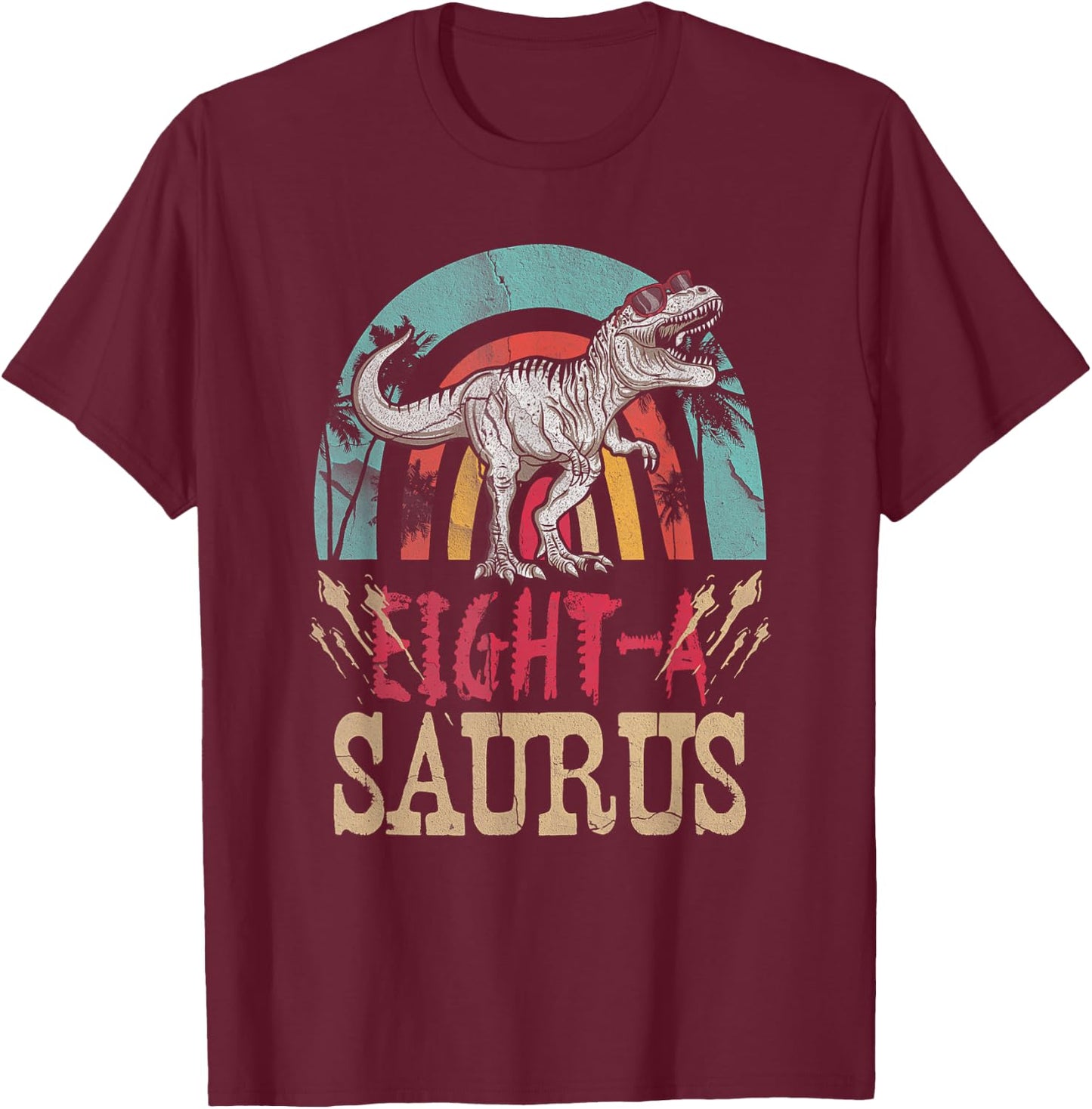 Kid 8 Year Old Dinosaur Birthday 8th T Rex Dino Eight Saurus T-Shirt - T-Shirt | Maroon