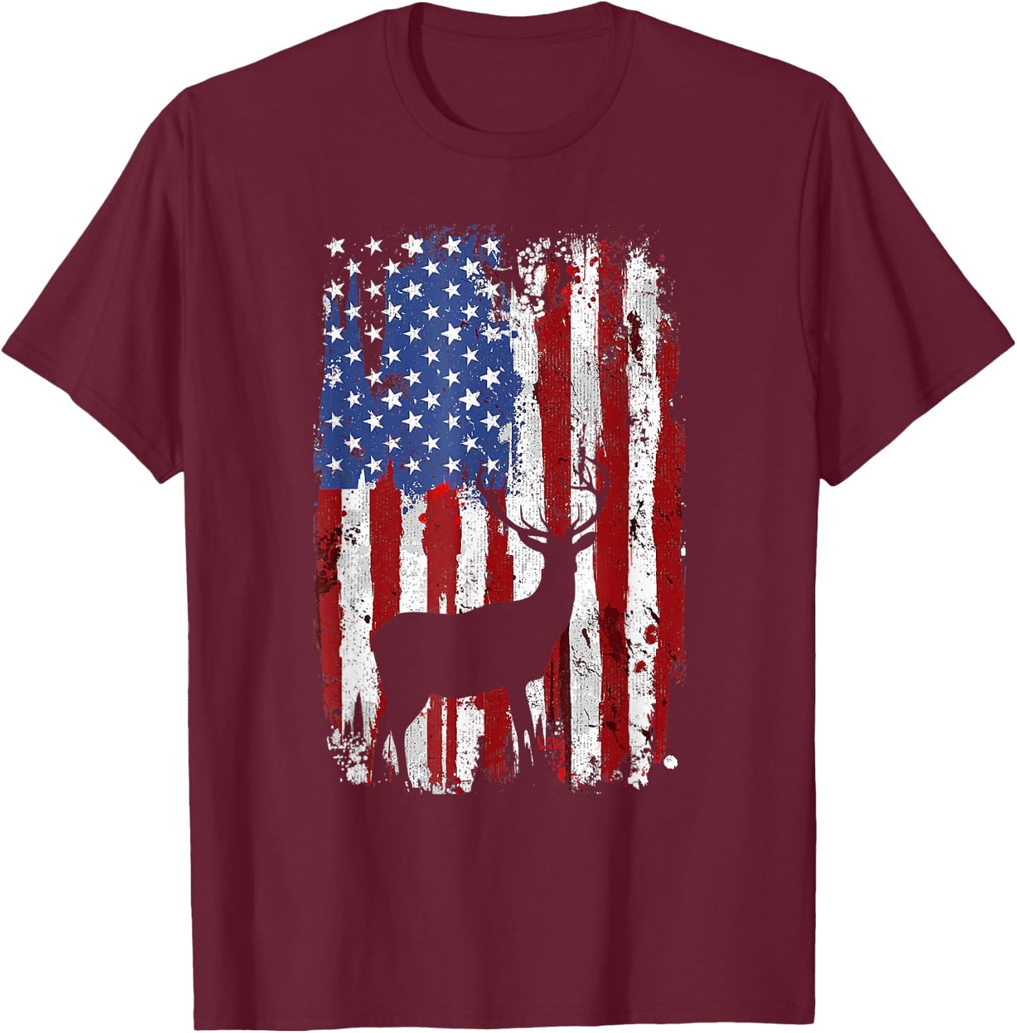 American Flag Deer Hunters Deer on American Flag T-Shirt - T-Shirt | Maroon