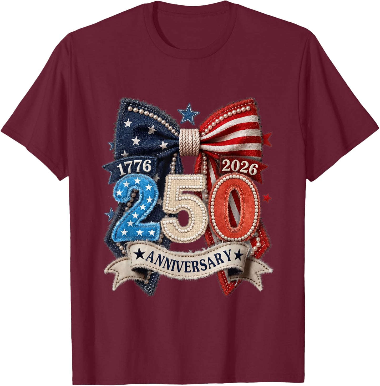 American Flag Bow 250th Anniversary Patriotic Women Pride T-Shirt - T-Shirt | Maroon