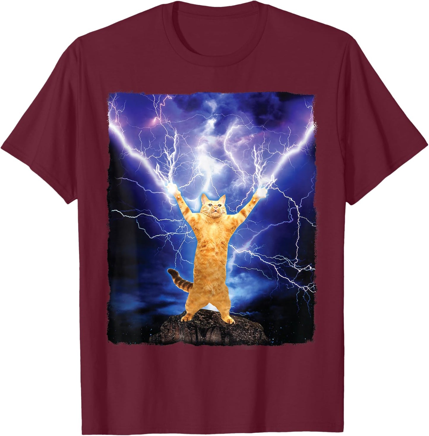 Cat Merch Funny Cat Lightning Thunderbolt On Mountain T-Shirt - T-Shirt | Maroon