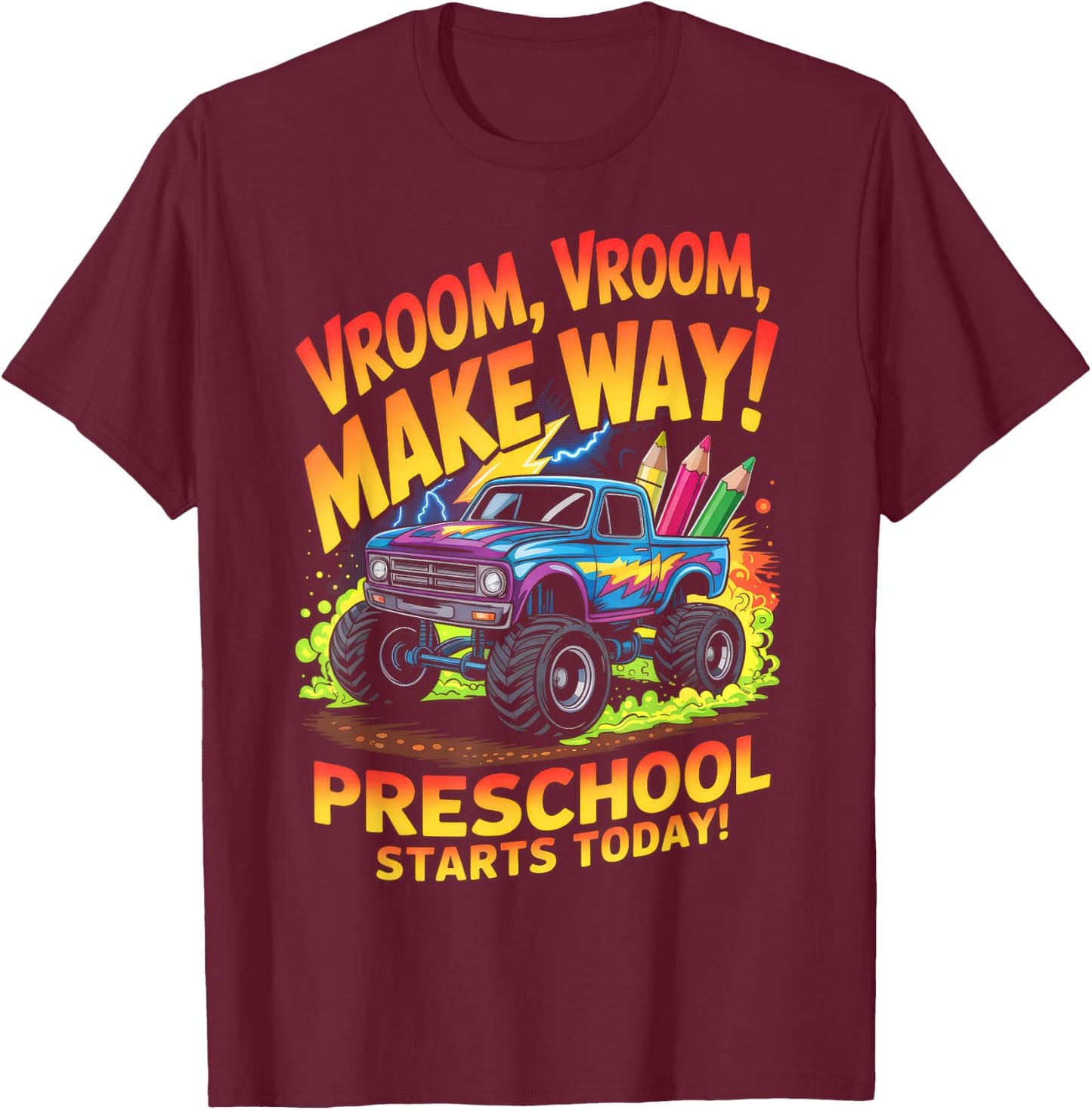 Back to School Preschool Pre-K Monster Truck First Day Boys T-Shirt - T-Shirt | Maroon