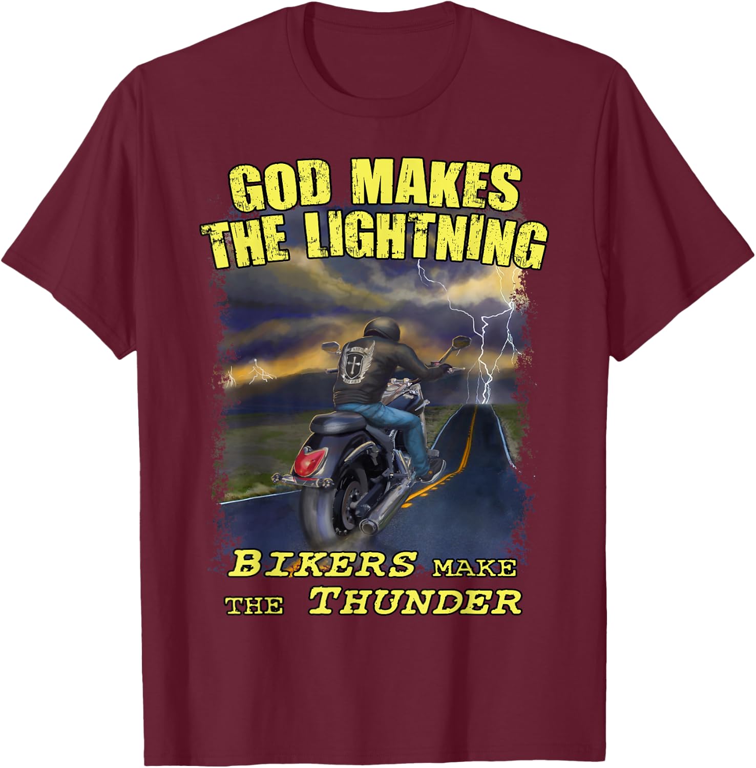 God Lightning Christian Biker Shirt Motorcycle Jesus Design T-Shirt - T-Shirt | Maroon