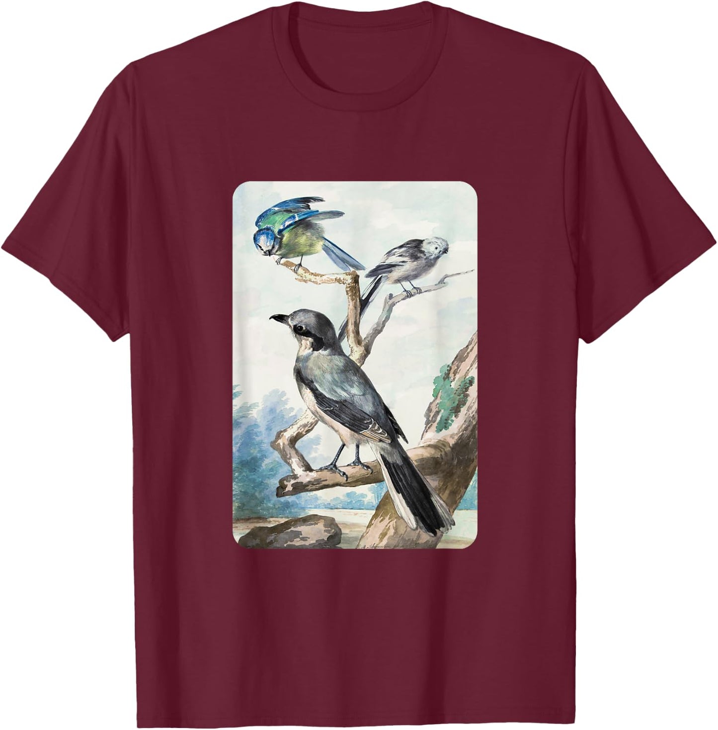 Long-tailed Tit Blue Tit and Great Shrike By Aert Schouman T-Shirt - T-Shirt | Maroon