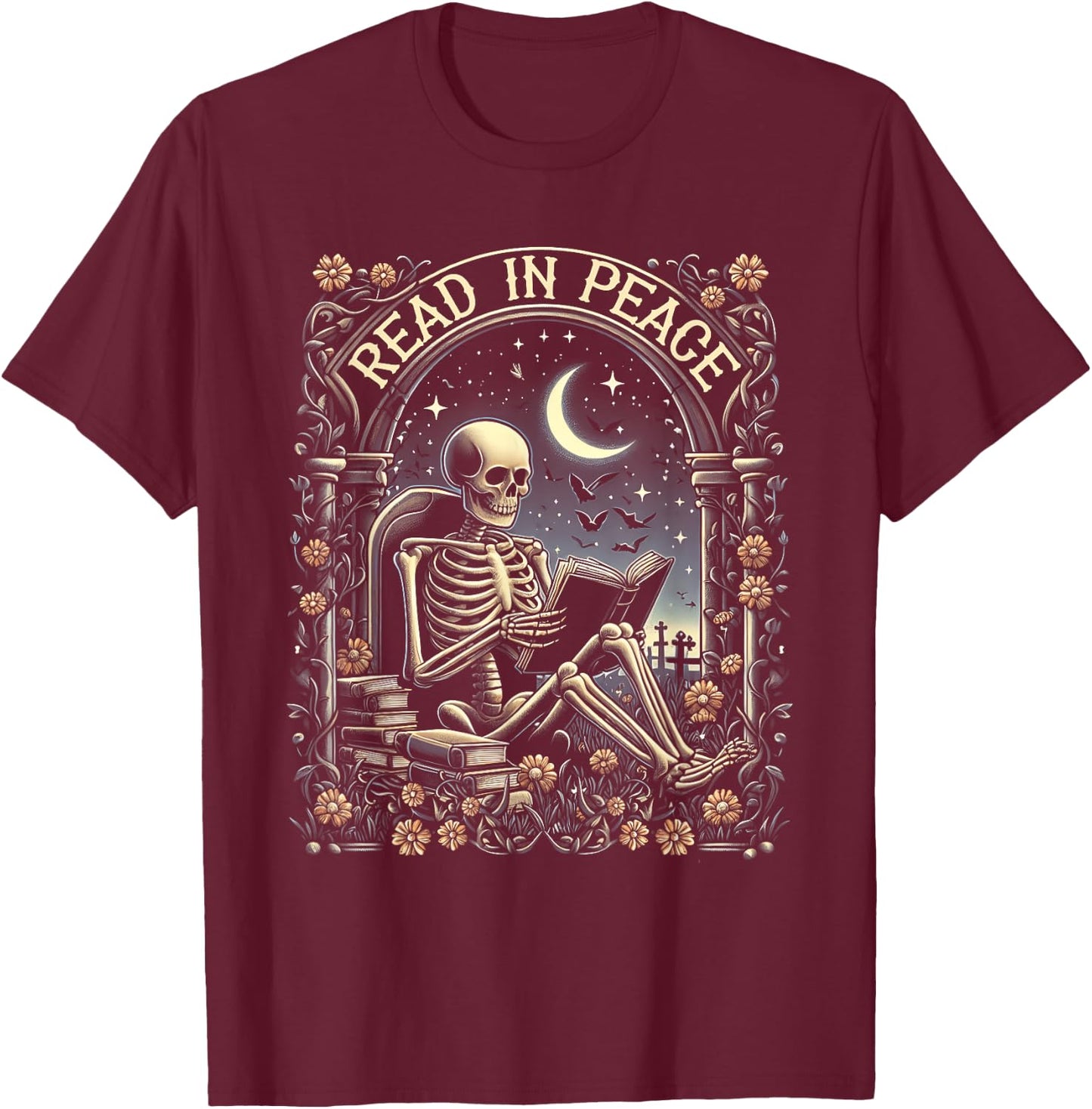 Read In Peace Skeleton Reading Teacher Halloween Book Lover T-Shirt - T-Shirt | Maroon