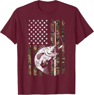 Camouflage American Flag Bass Fishing Gift Fisherman T-Shirt - T-Shirt | Maroon