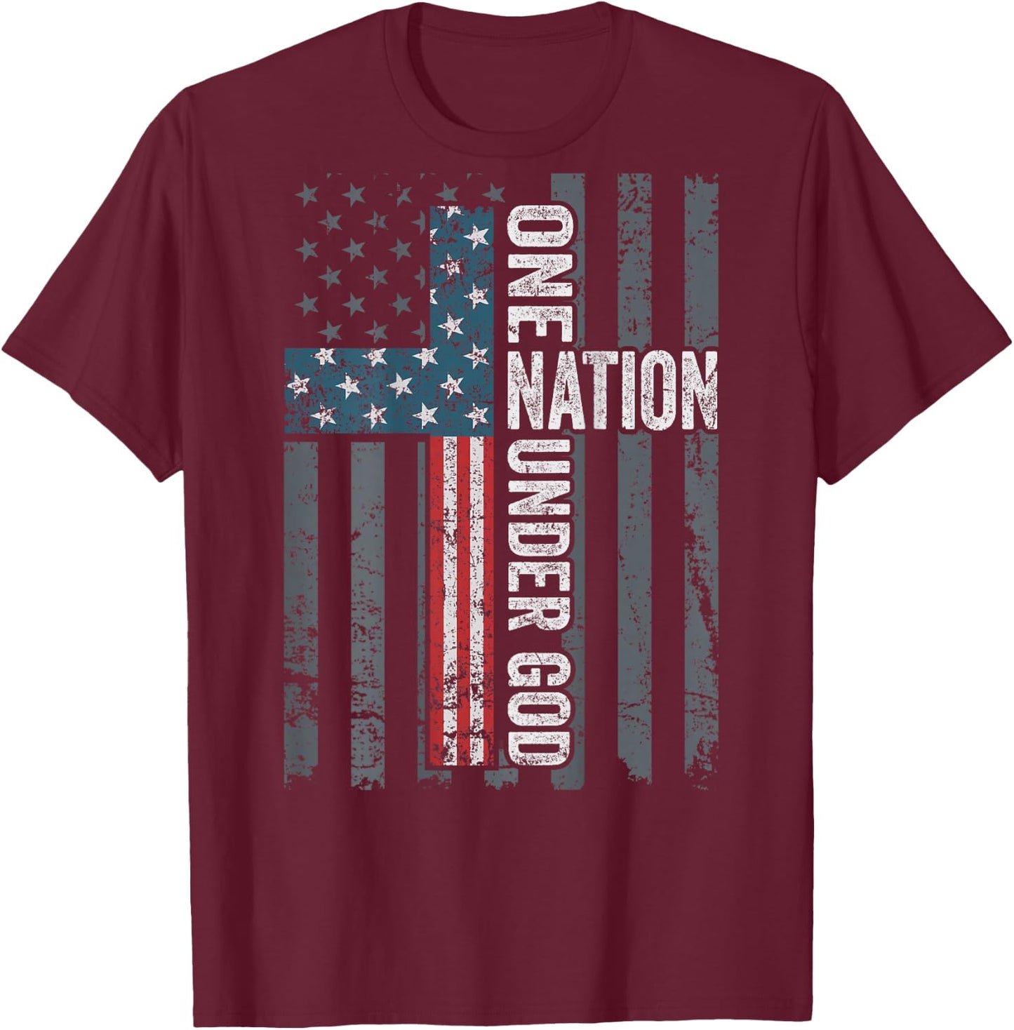 ONE NATION UNDER GOD - USA Cross Flag Christian - ON BACK T-Shirt - T-Shirt | Maroon