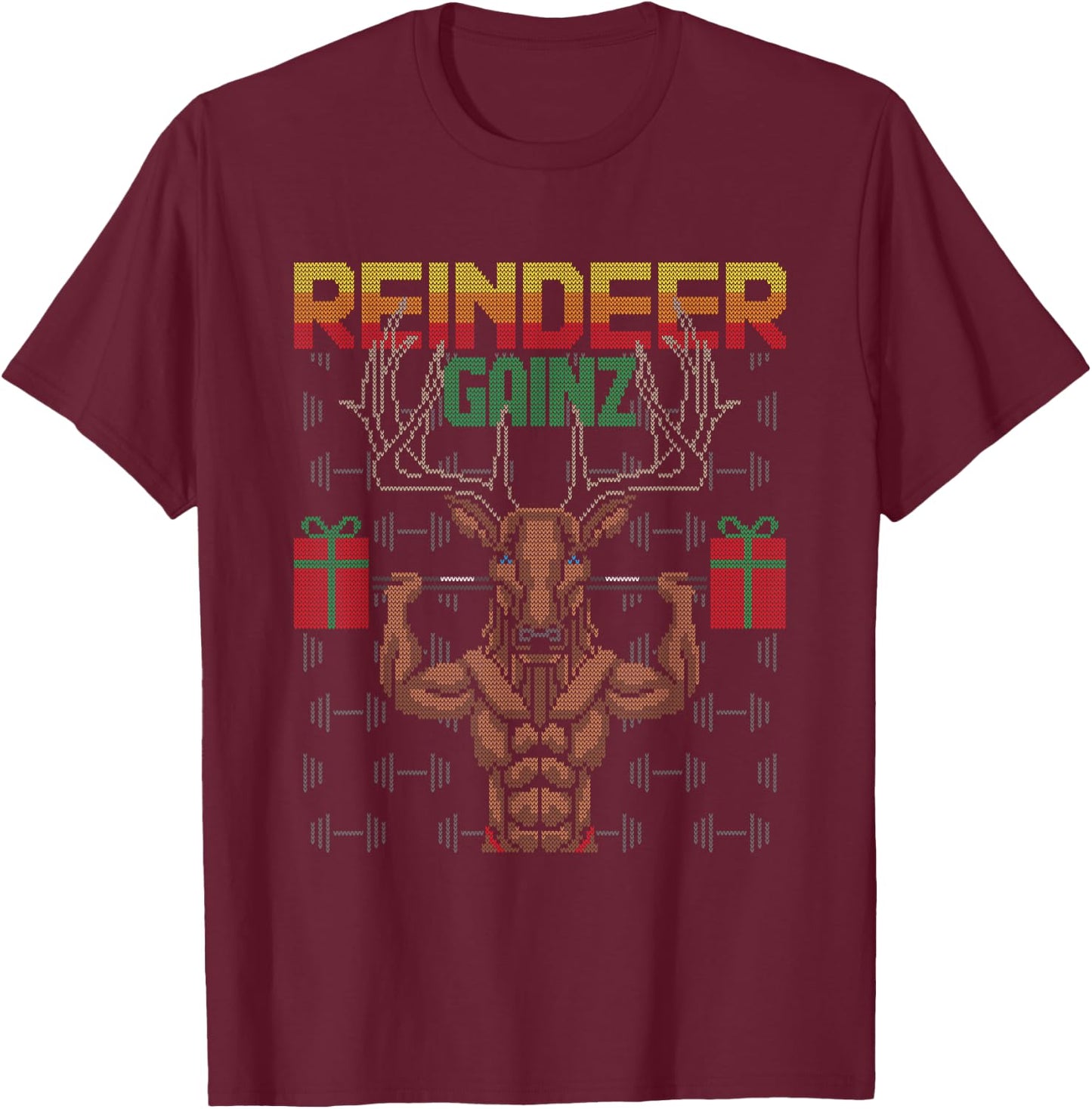 Reindeer Gainz Brodolf Ugly Christmas Sweater Gym Workout T-Shirt - T-Shirt | Maroon