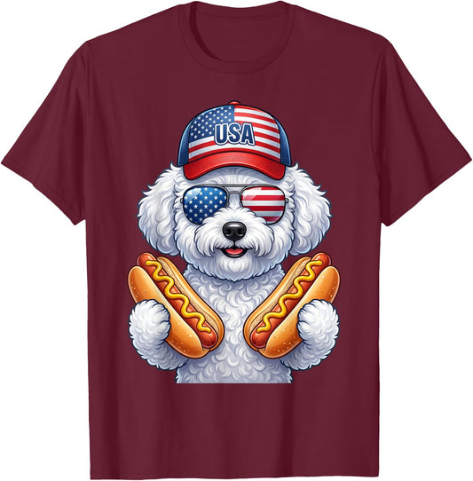 4th of July Hotdog Bichon Frise Funny Patriotic USA Flag T-Shirt - T-Shirt | Maroon
