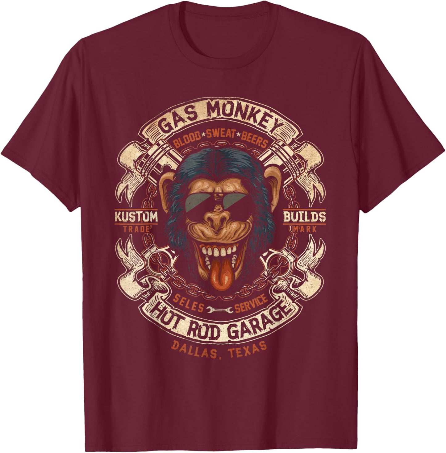 Monkey Gas Crossed Pistons Ribbon Logo Small T-Shirt - T-Shirt | Maroon