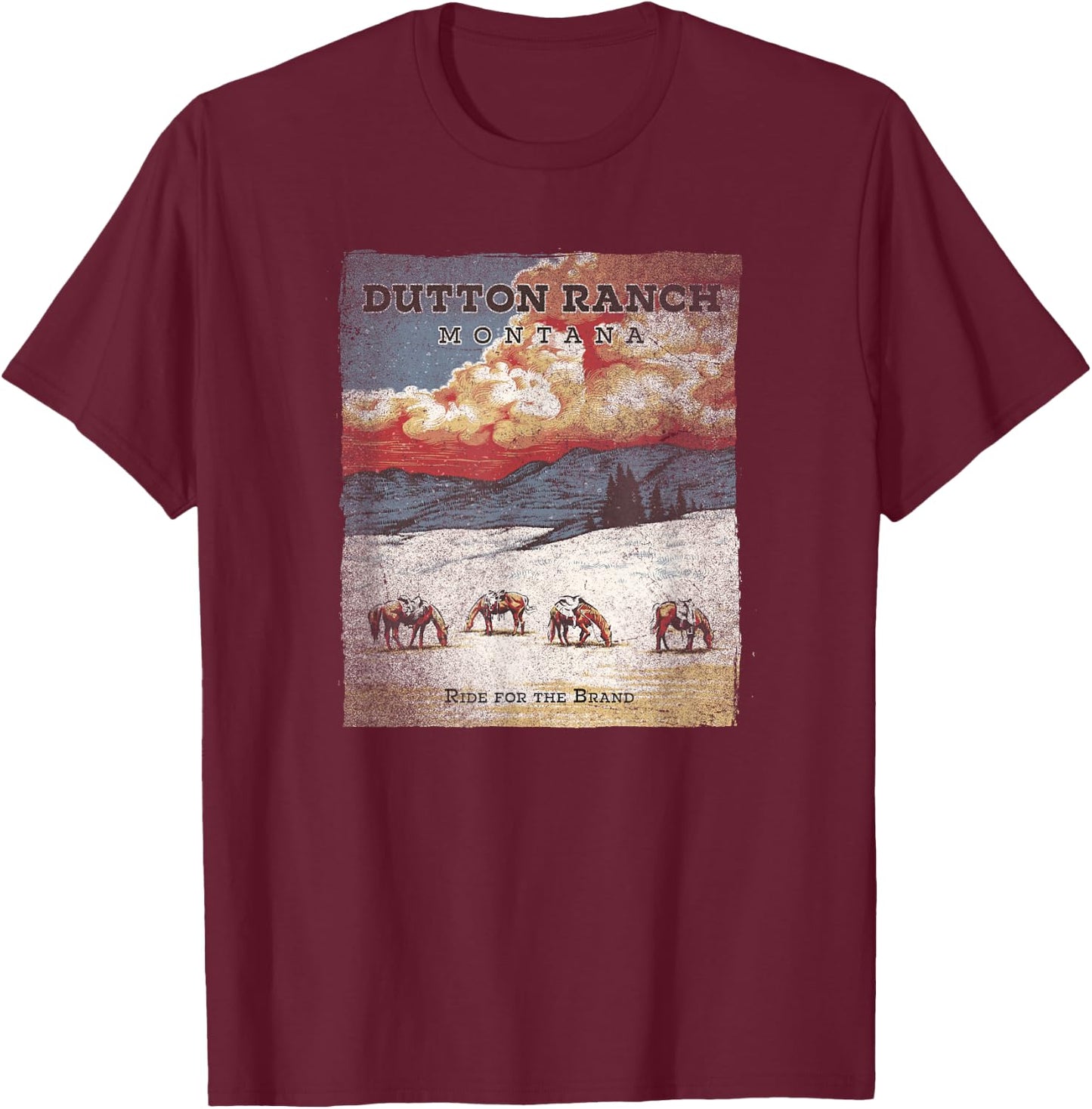 Yellowstone Dutton Ranch Distressed Poster T-Shirt - T-Shirt | Maroon