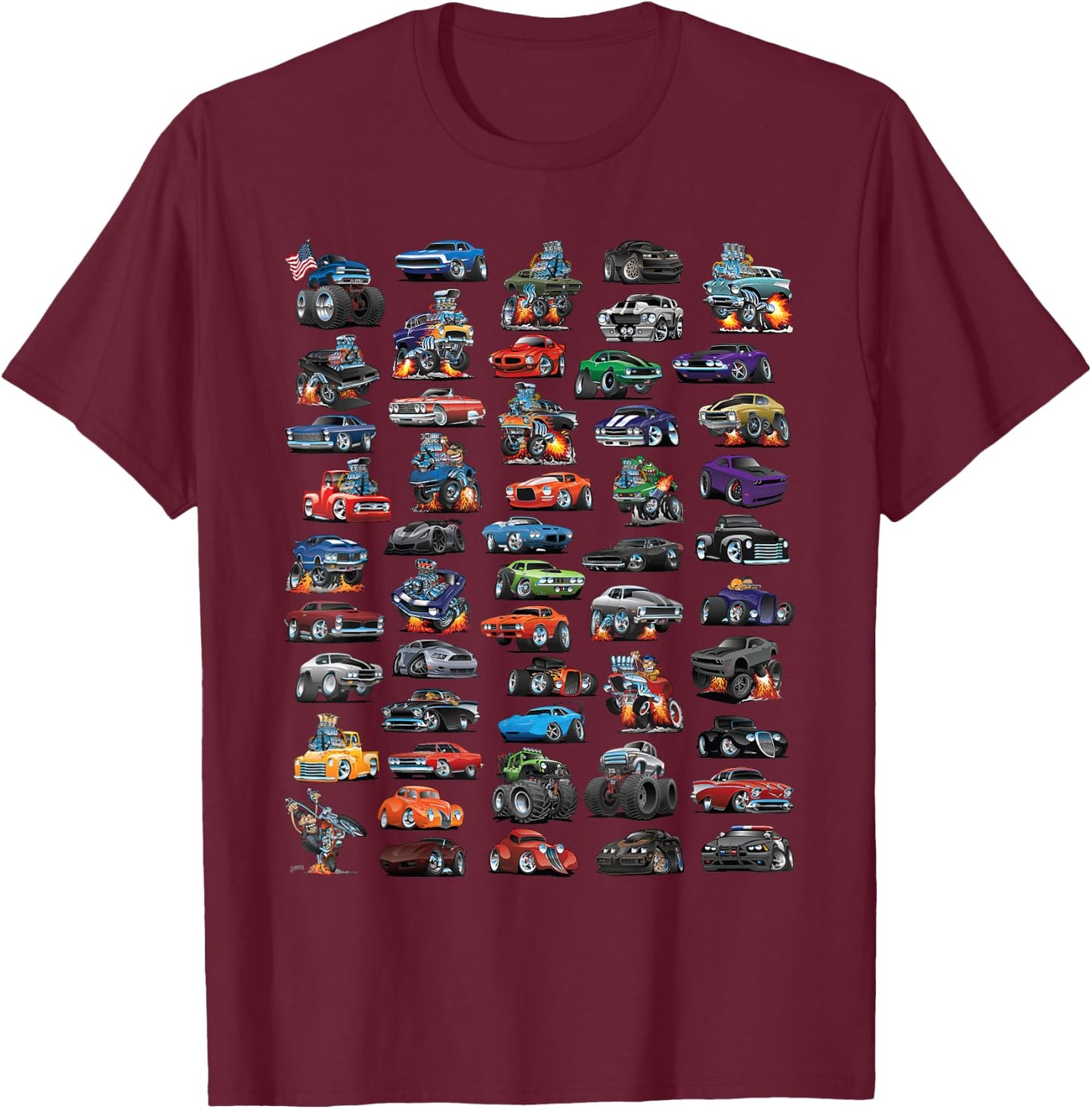 Classic Hotrod Muscle Car Street Rod and Truck Cartoon Art T-Shirt - T-Shirt | Maroon