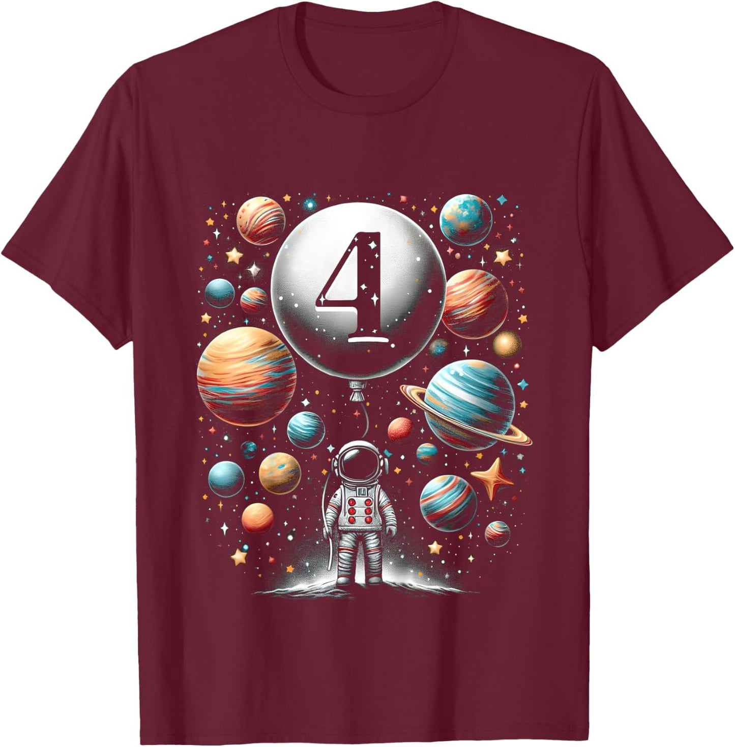 Kids Four 4 Year Old Astronauts 4th Birthday Boys Space Geeks T-Shirt - T-Shirt | Maroon
