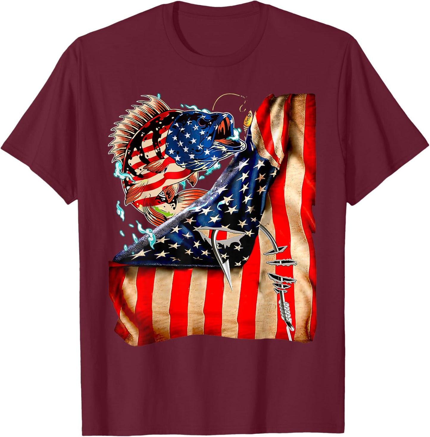 FUNNY 4th of JULY FISHING Fish American Flag ON BACK 98 T-Shirt - T-Shirt | Maroon