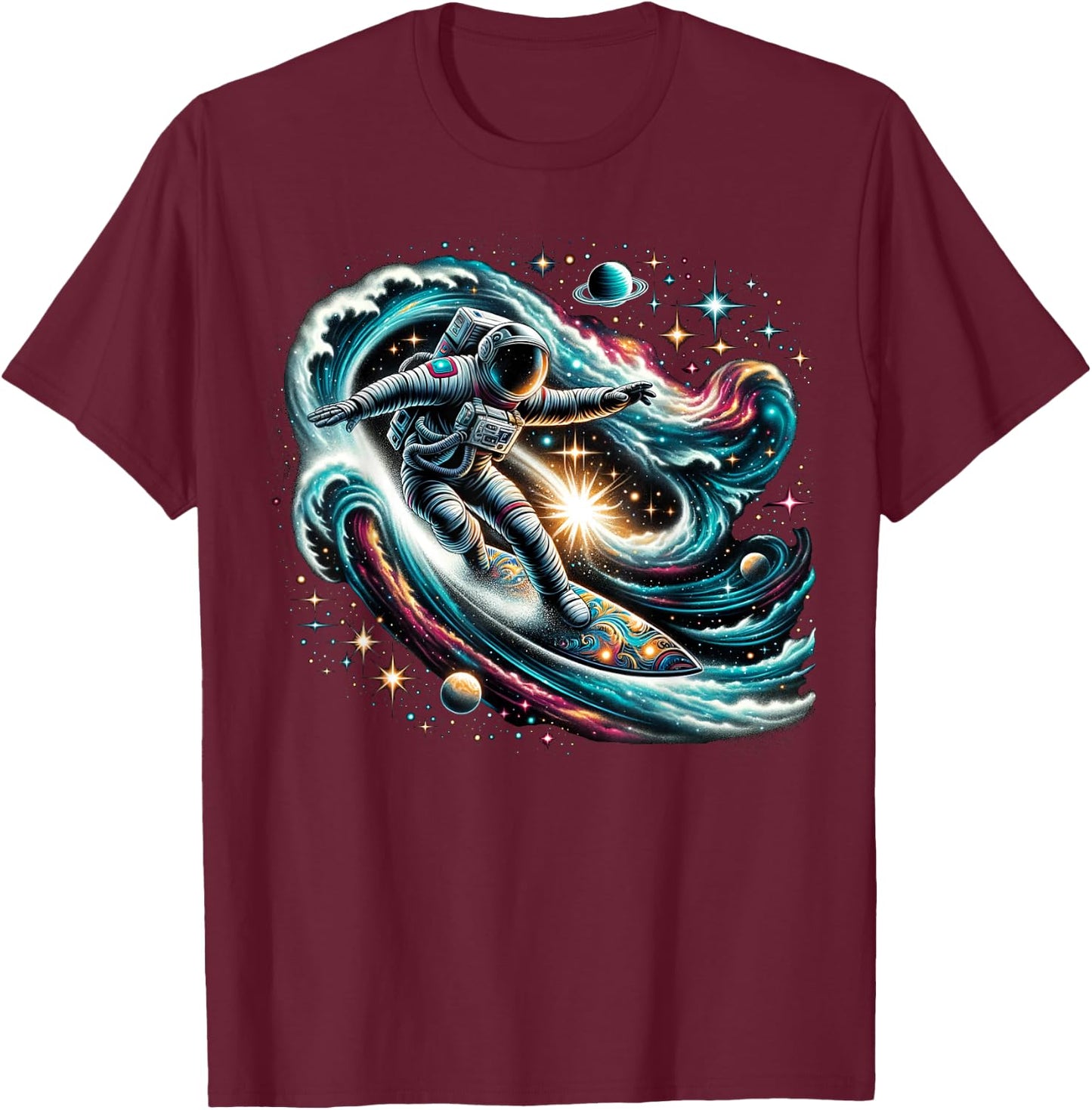 Funny Space Surfing Astronaut on Surfer T-Shirt - T-Shirt | Maroon