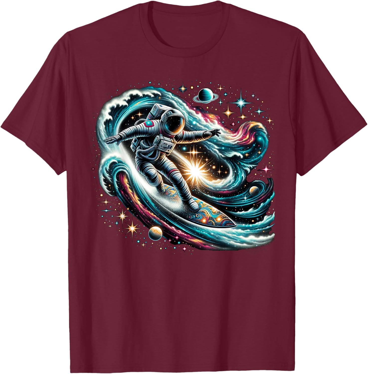 Funny Space Surfing Astronaut on Surfer T-Shirt - T-Shirt | Maroon