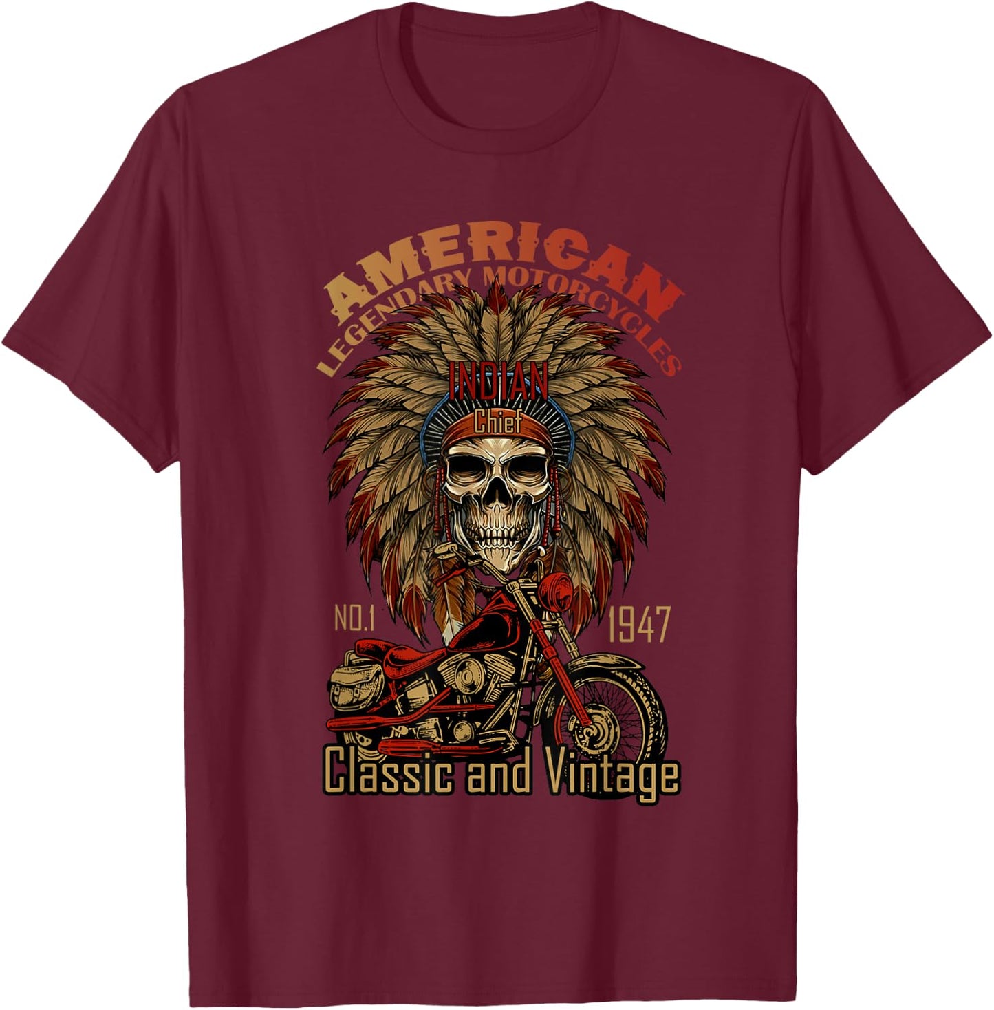 Retro Classic Old Biker American Motorcycle Indian Biker T-Shirt - T-Shirt | Maroon