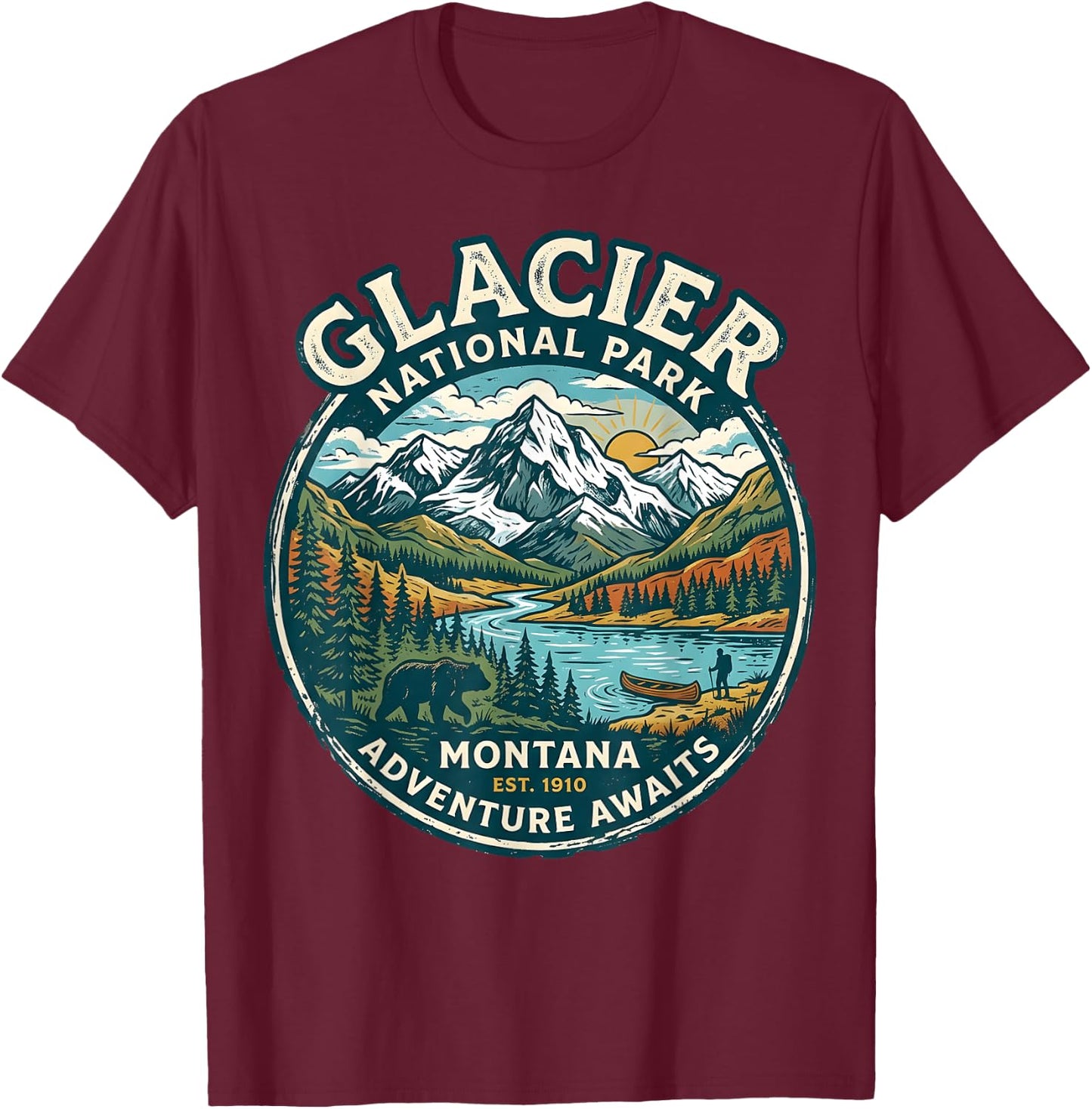 Glacier National Park Montana Retro Nature Adventure Badge T-Shirt - T-Shirt | Maroon