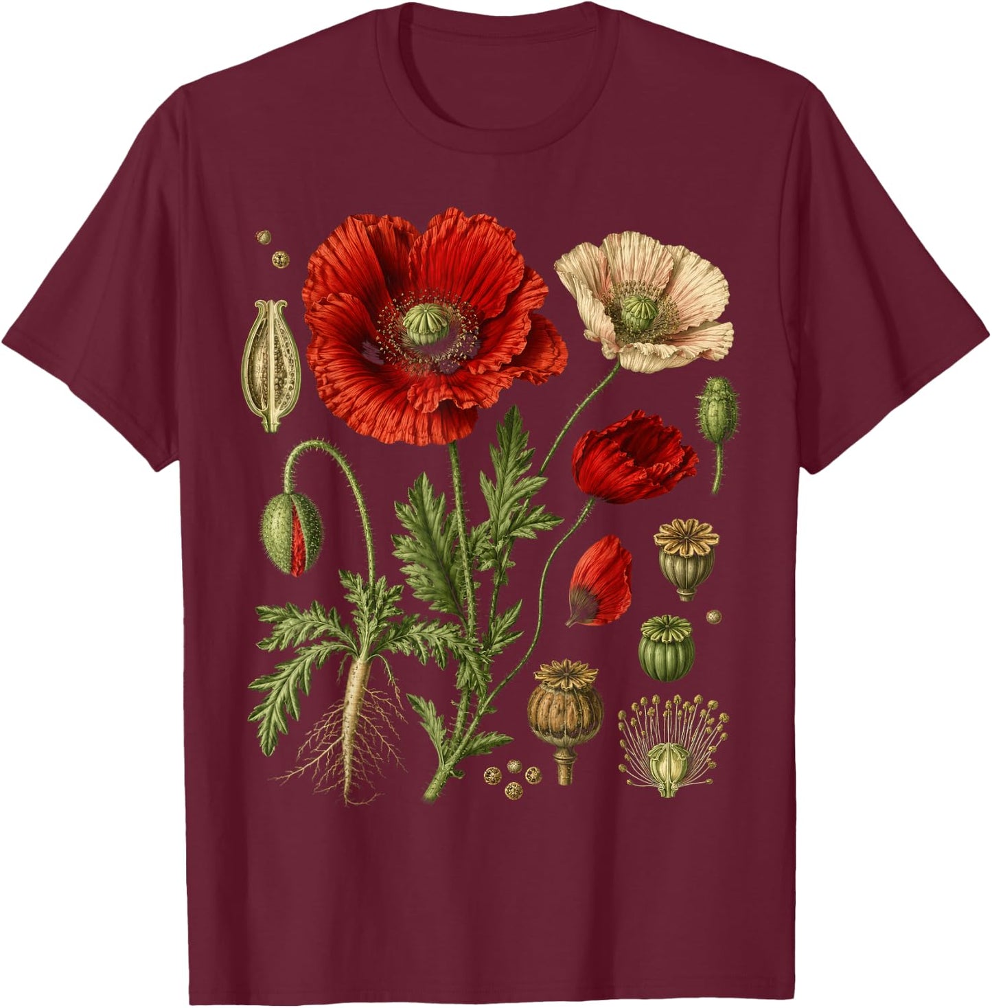 Vintage Botanical Red Poppy Flower Study T-Shirt - T-Shirt | Maroon