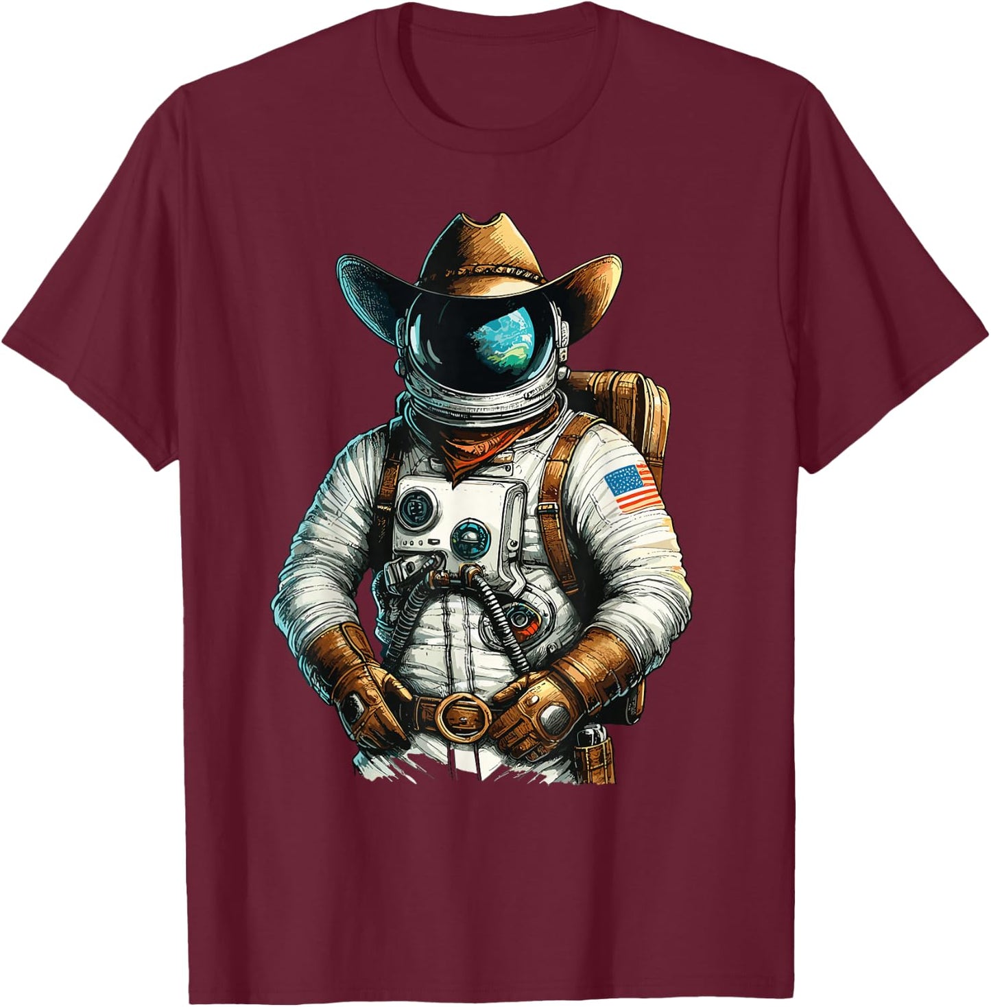 Western Rodeo Cowboy Hat Astronaut Texas Animals T-Shirt - T-Shirt | Maroon