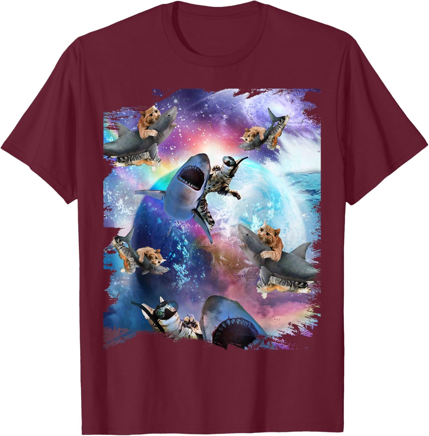 Space Cat Riding Shark Galaxy Rainbow Cats on Sharks Women Kids T-Shirt - T-Shirt | Maroon