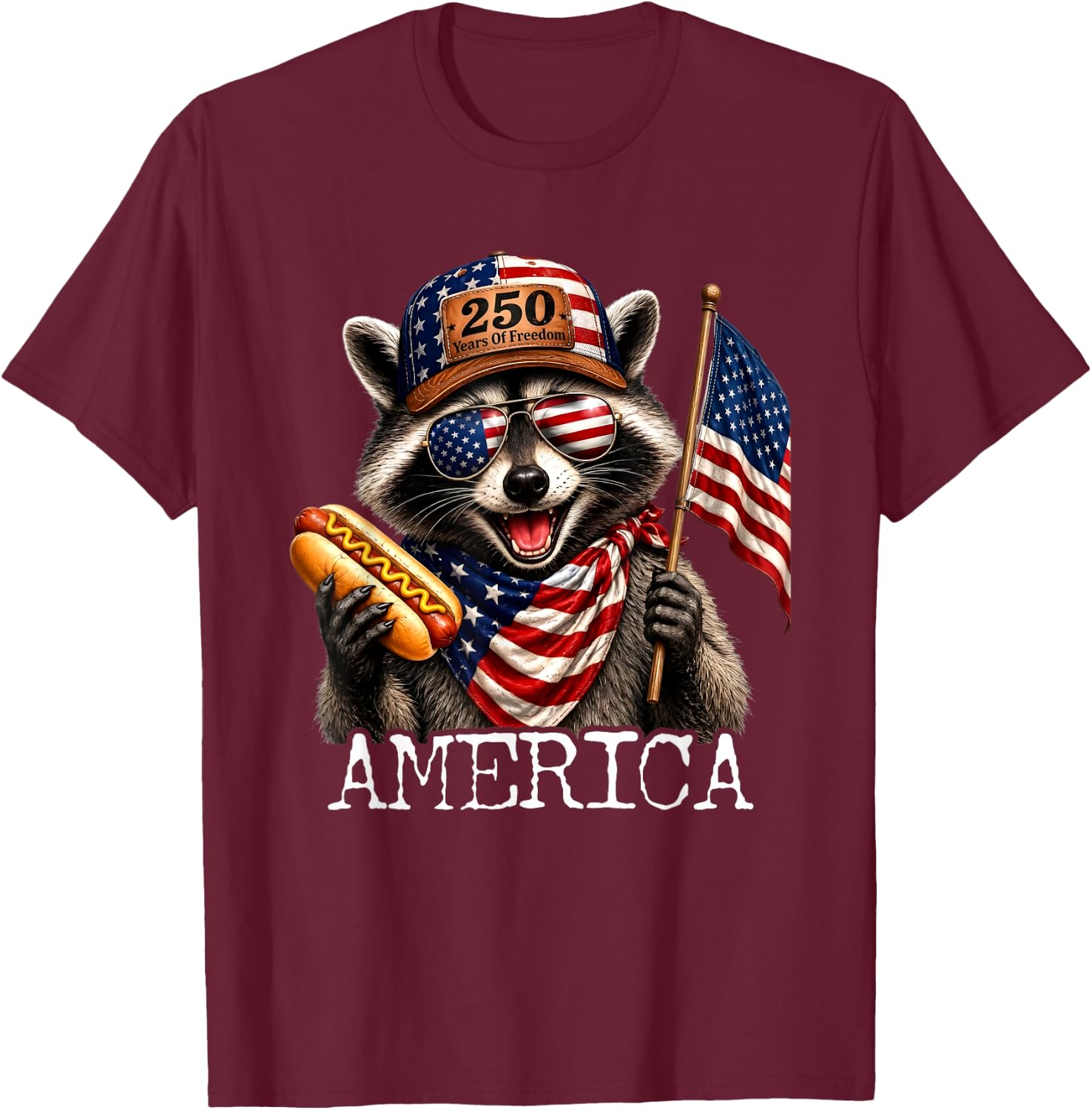America Meme Raccoon Hot Dog 250 Years 1776 2026 4th of July T-Shirt - T-Shirt | Maroon