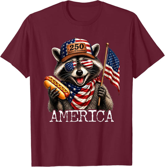 America Meme Raccoon Hot Dog 250 Years 1776 2026 4th of July T-Shirt - T-Shirt | Maroon