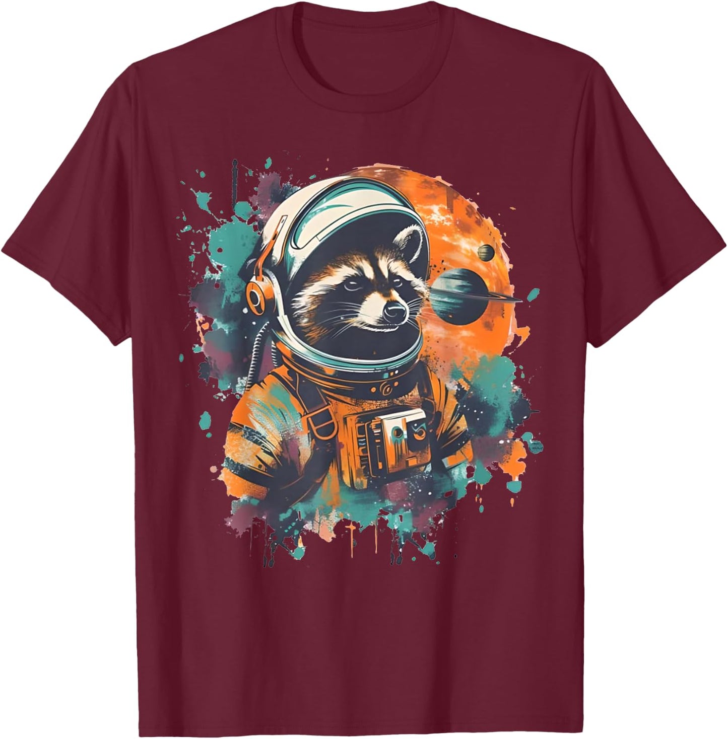 Funny Astronaut Raccoon Graphic Retro Cosmic Racoon In Space T-Shirt - T-Shirt | Maroon