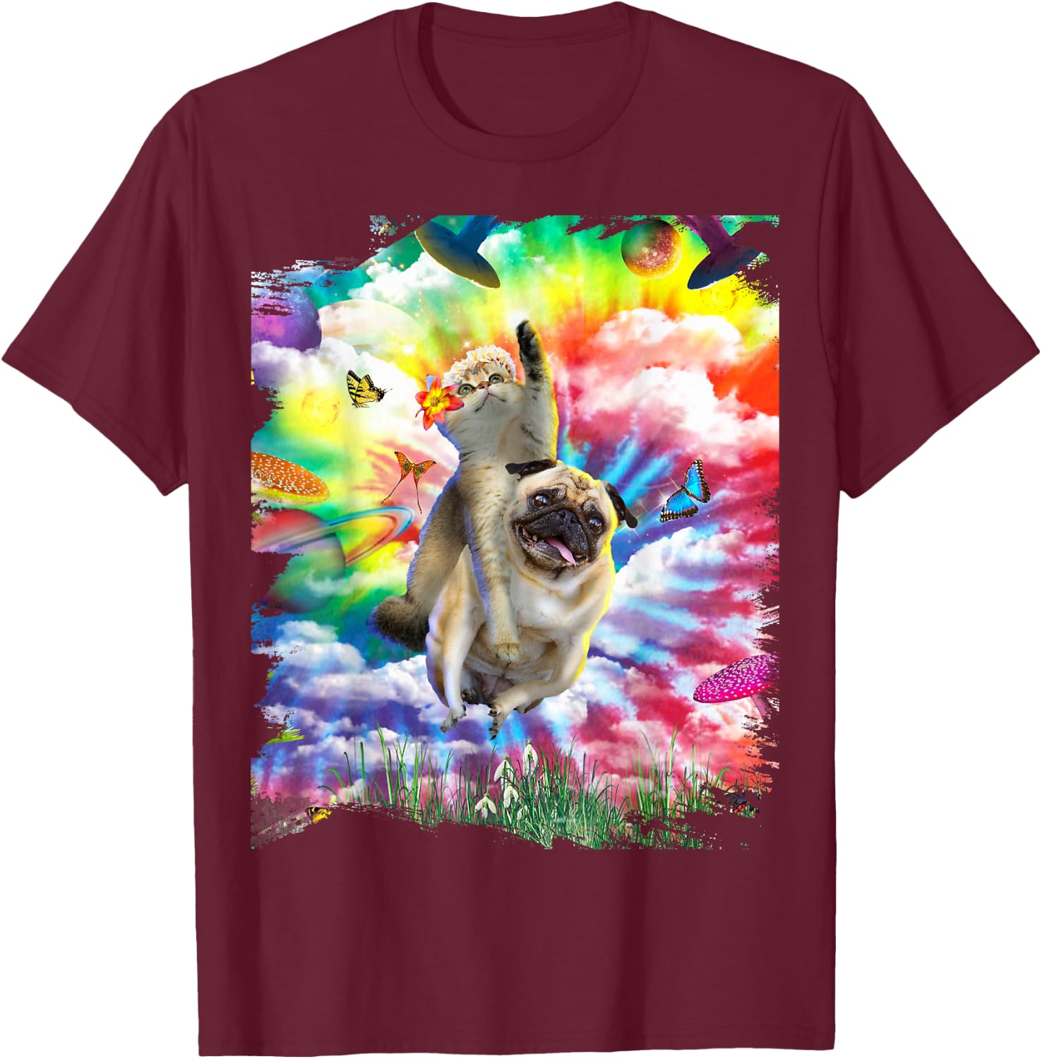 Cat Riding Pug Dog Trippy Tie Dye Men Women Girls Kids T-Shirt - T-Shirt | Maroon