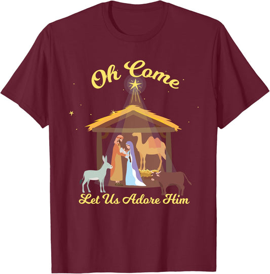 Let us Adore Him - Christmas Advent Nativity Scene North T-Shirt - T-Shirt | Maroon
