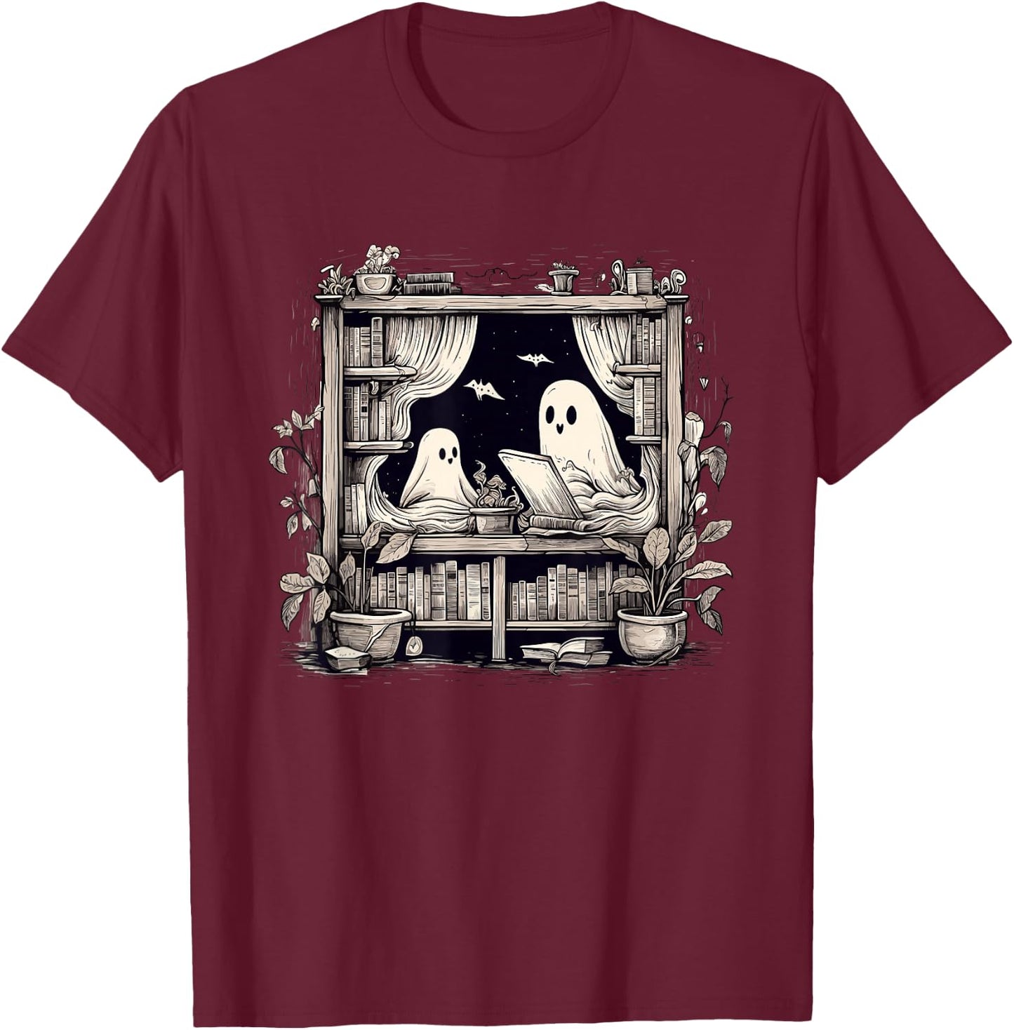 Spooky Ghosts Reading Books Library Bookworm Retro Bookish T-Shirt - T-Shirt | Maroon