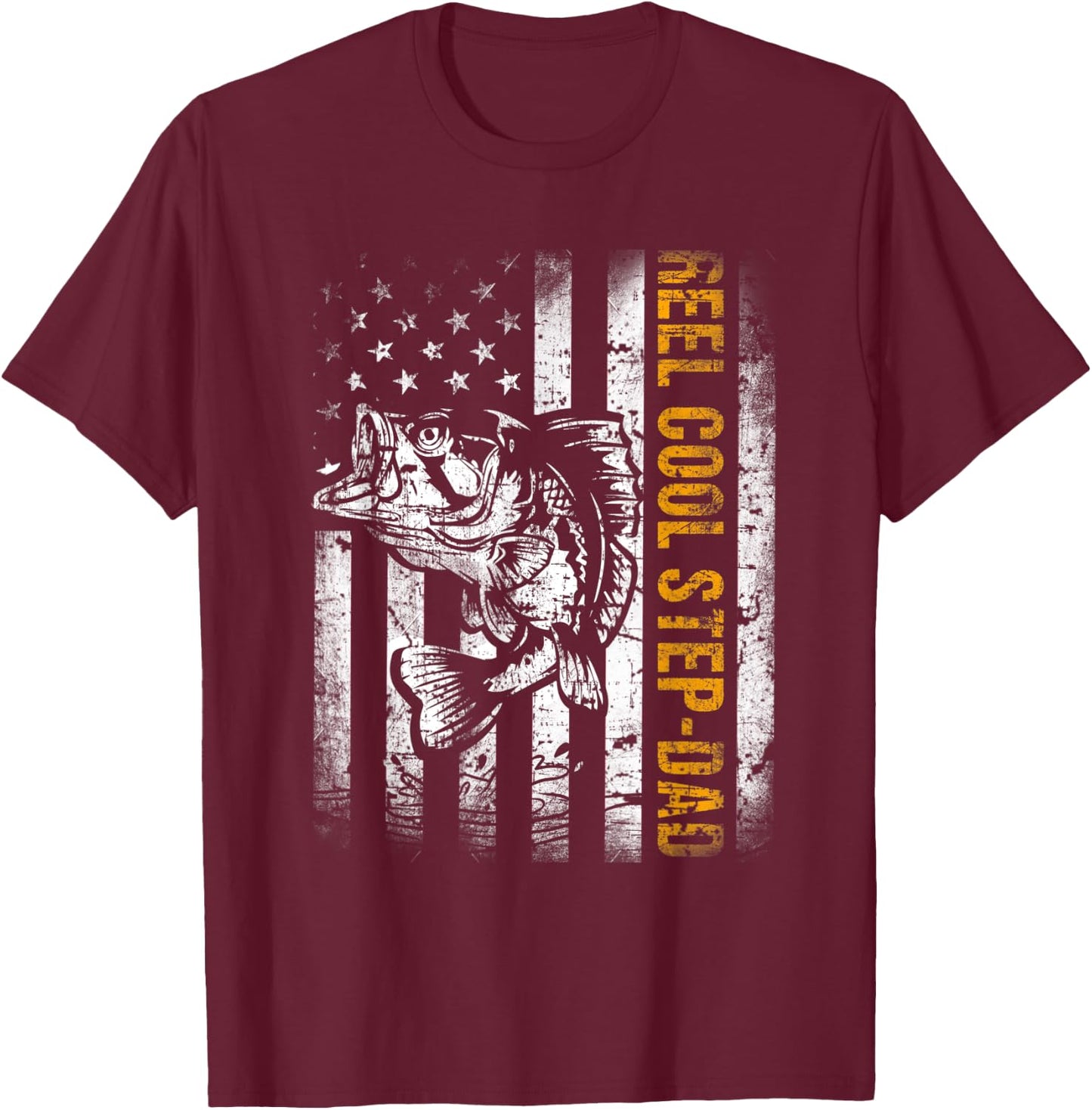 Reel Cool Step-Dad American Flag Fishing Fathers Day T-Shirt - T-Shirt | Maroon