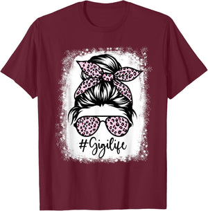 Bleached Gigi Life Messy Bun Leopard Print Mothers Day T-Shirt - T-Shirt | Maroon