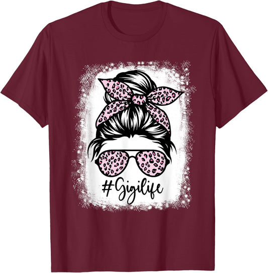 Bleached Gigi Life Messy Bun Leopard Print Mothers Day T-Shirt - T-Shirt | Maroon