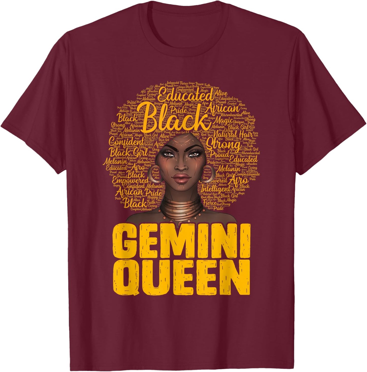 Gemini Queen Black Woman Afro Natural Hair African American T-Shirt - T-Shirt | Maroon