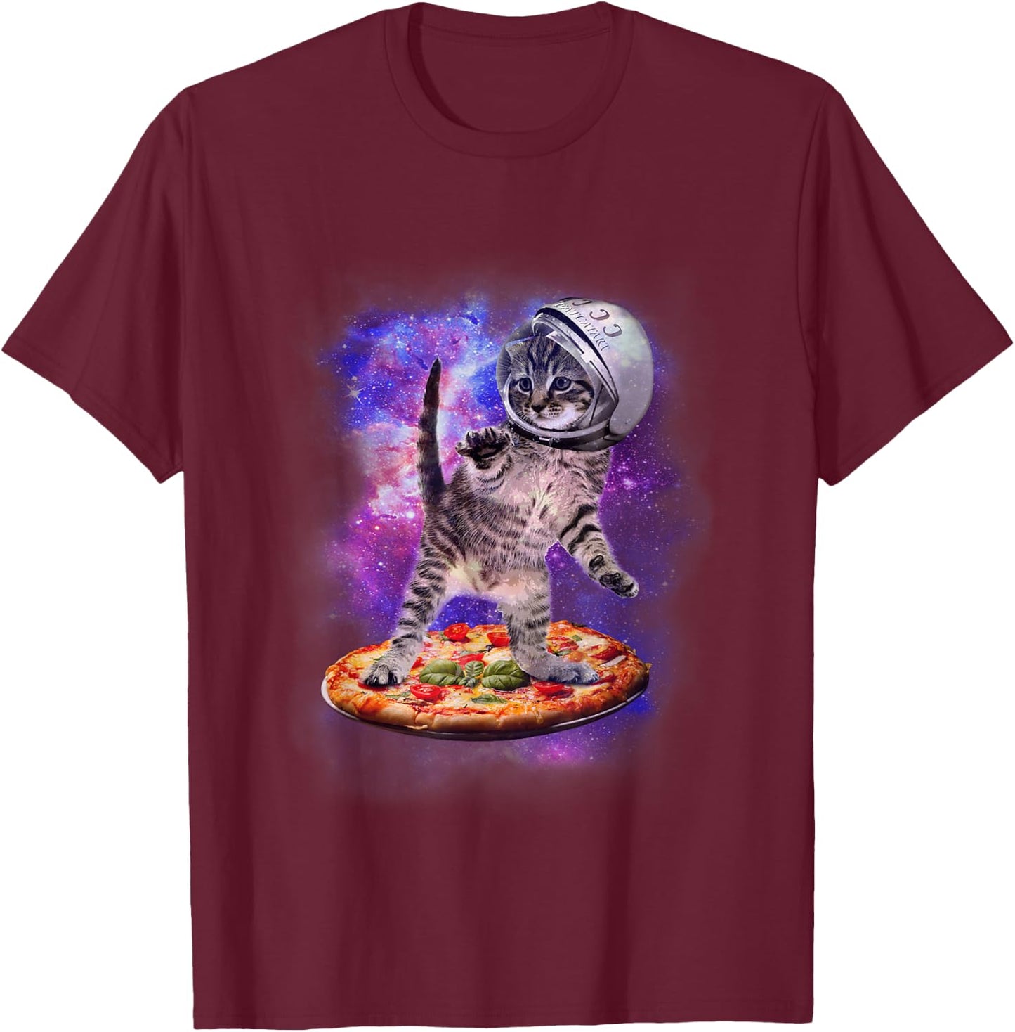 Funny Cat Flying A Pizza Astronaut Kitten Space T-Shirt - T-Shirt | Maroon