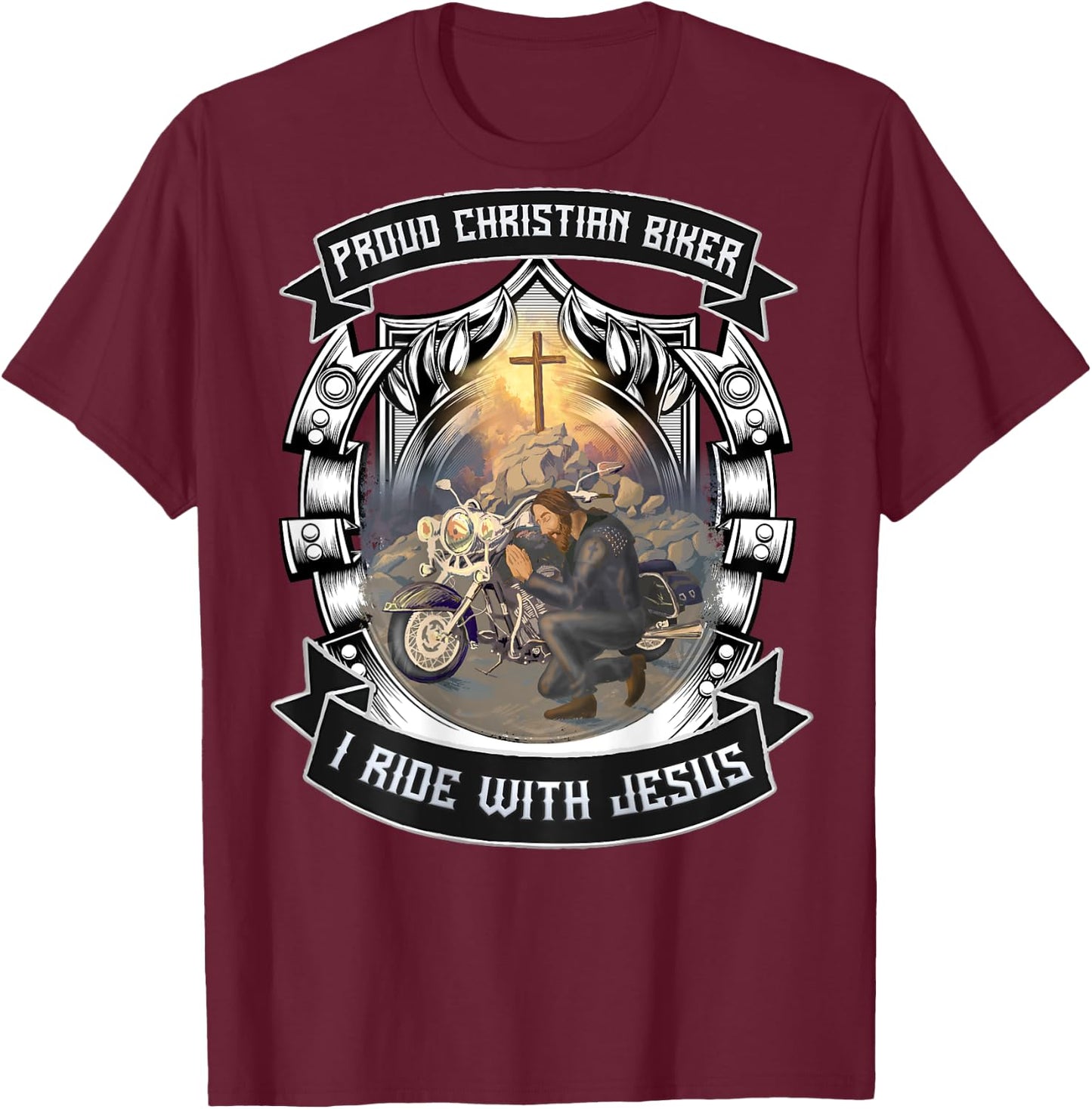 Christian Biker I Ride With Jesus Artwork Motorcycle Prayer T-Shirt - T-Shirt | Maroon